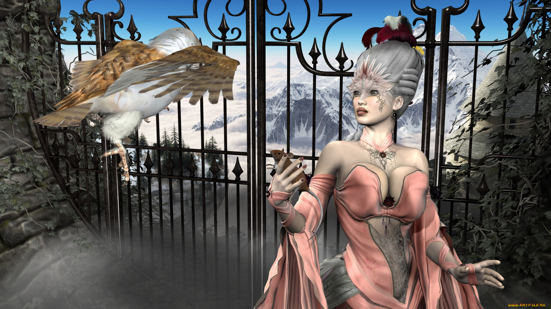 3д, графика, фантазия, , fantasy, мышь, сова, фон, взгляд, девушка