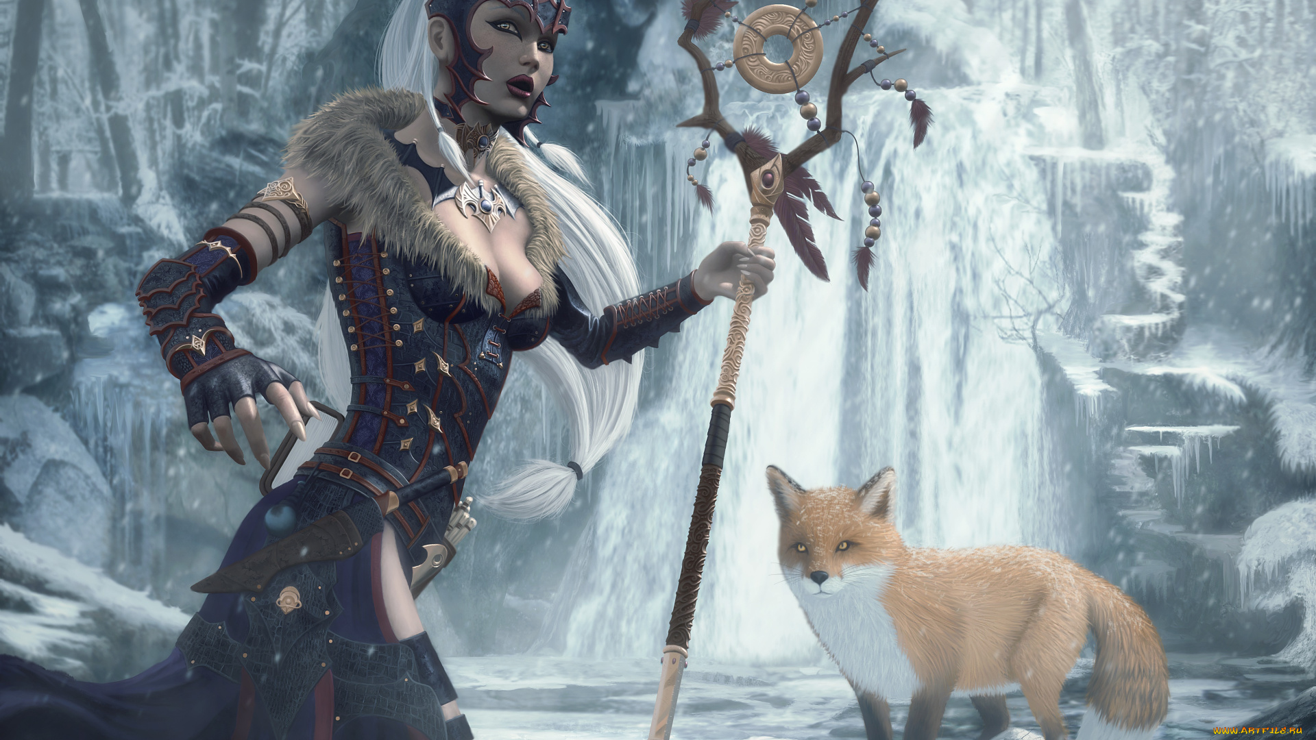 3д, графика, фантазия, , fantasy, водопад, лиса, шест, девушка, фон, взгляд