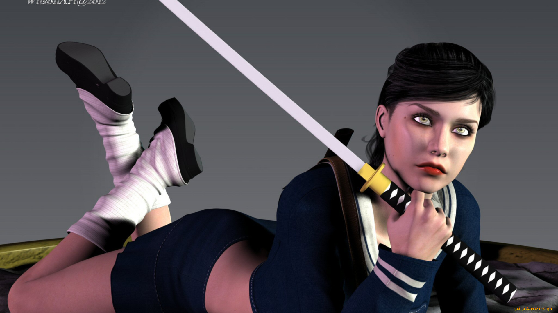 3д, графика, люди, , people, катана, фон, взгляд, девушка