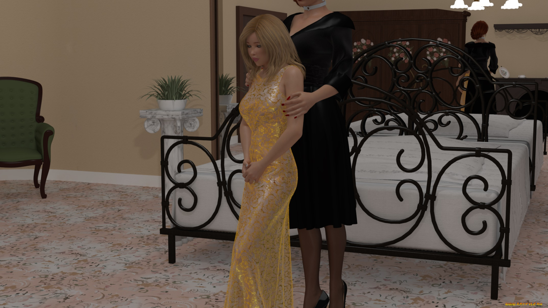 3д, графика, люди, , people, кровать, интерьер, фон, взгляд, девушки, светильник