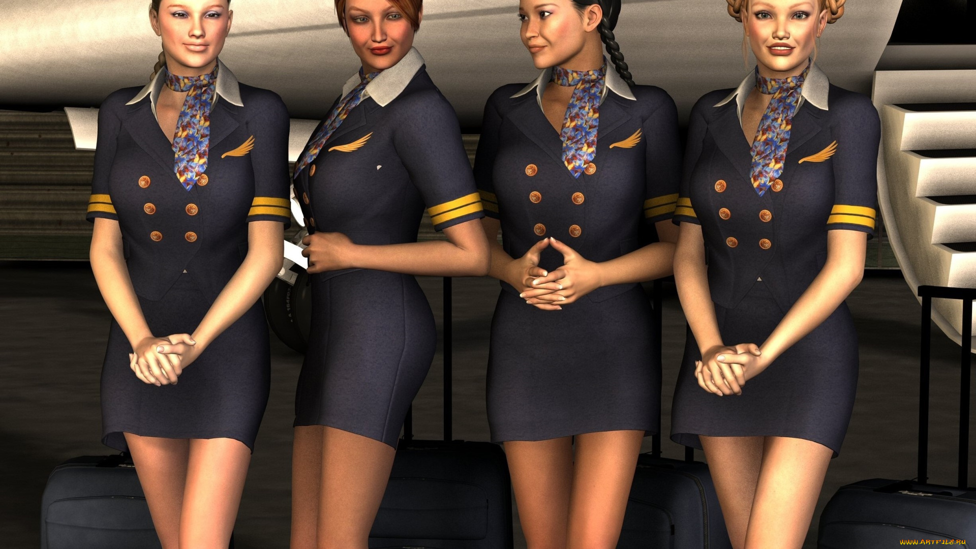3д, графика, люди, , people, взгляд, девушки, стюардессы, фон