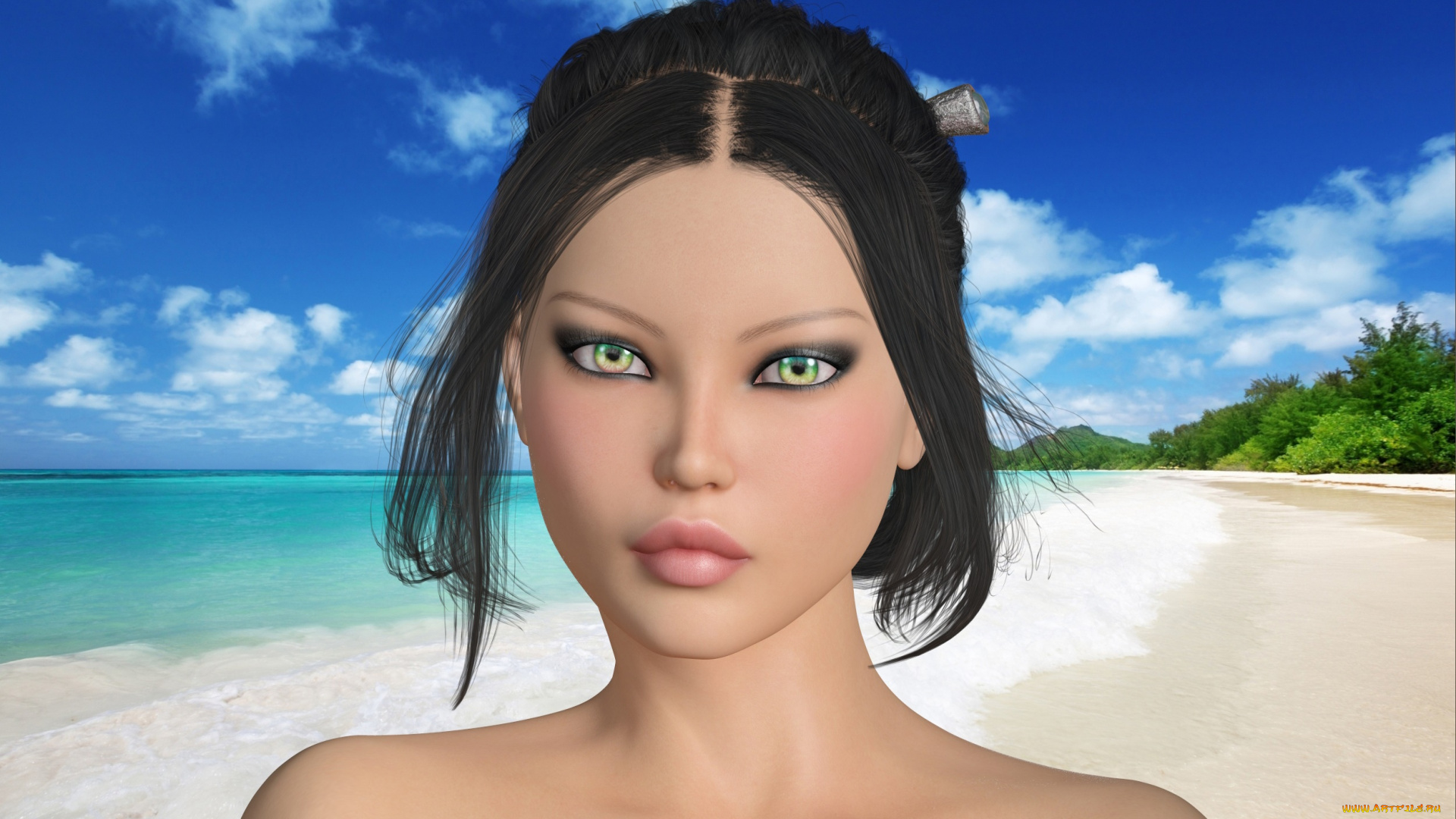 3д, графика, портрет, , portraits, пляж, фон, взгляд, девушка