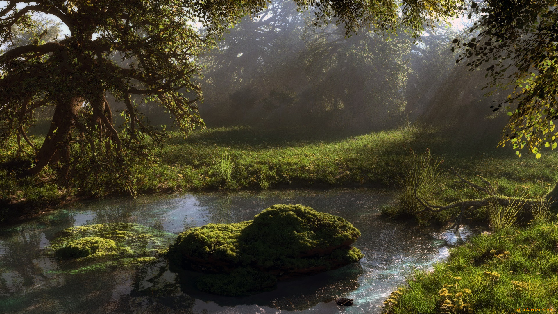 3д, графика, природа, , nature, лес, поляна, вода