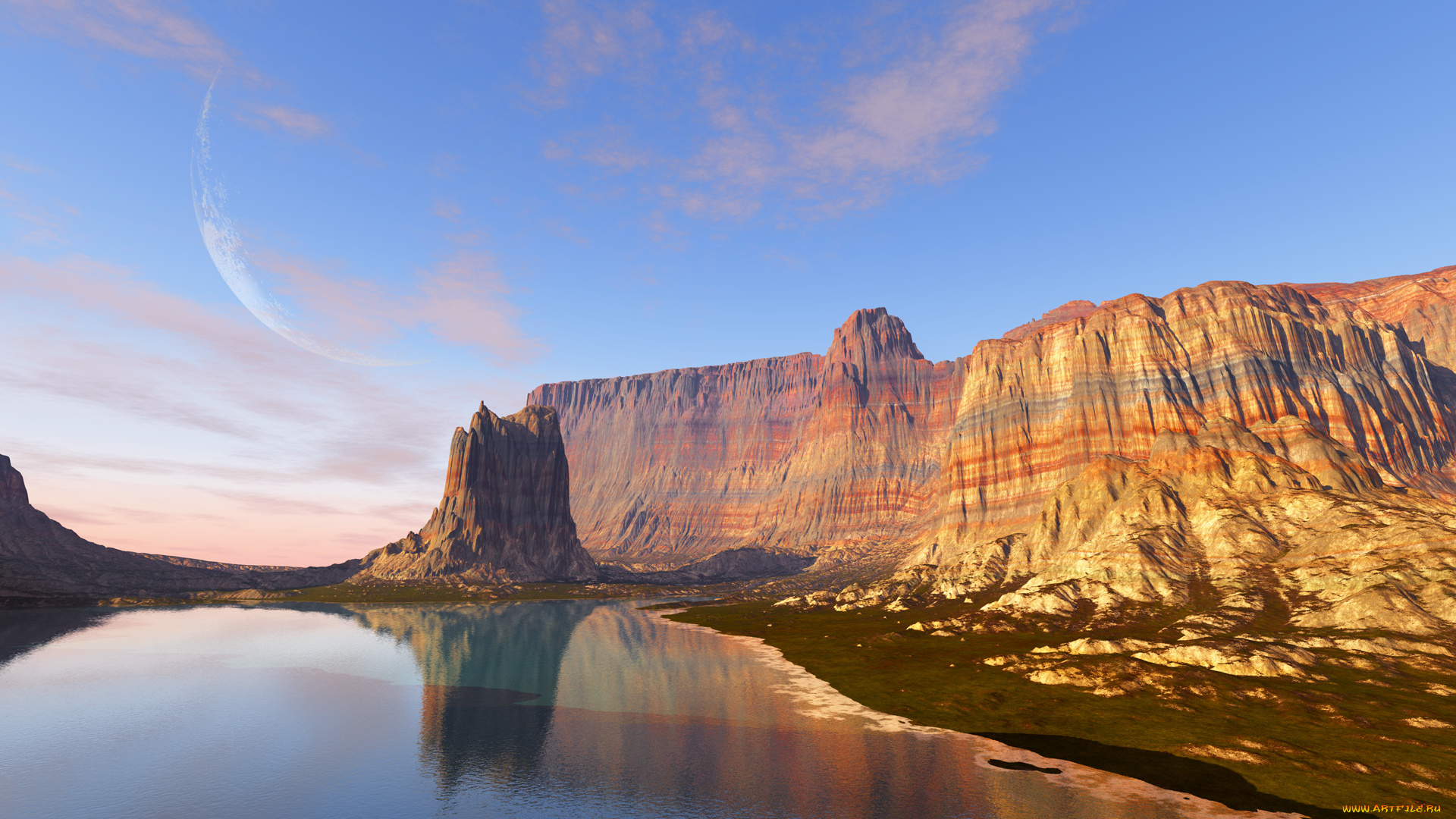 3д, графика, природа, , nature, облака, луна, планета, каньон, река