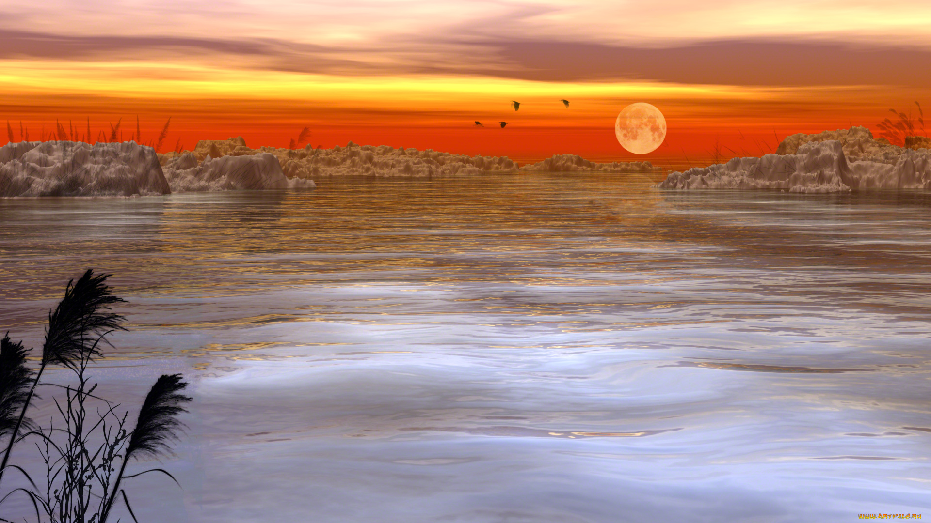 3д, графика, природа, , nature, птицы, солнце, закат, озеро