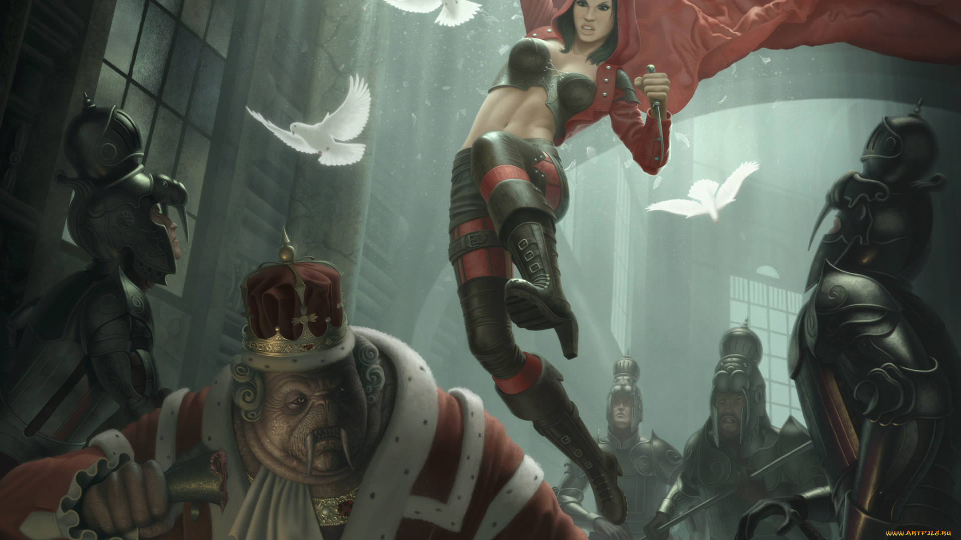 фэнтези, девушки, король, морж, полет, фон, девушка, взгляд, воины, голуби