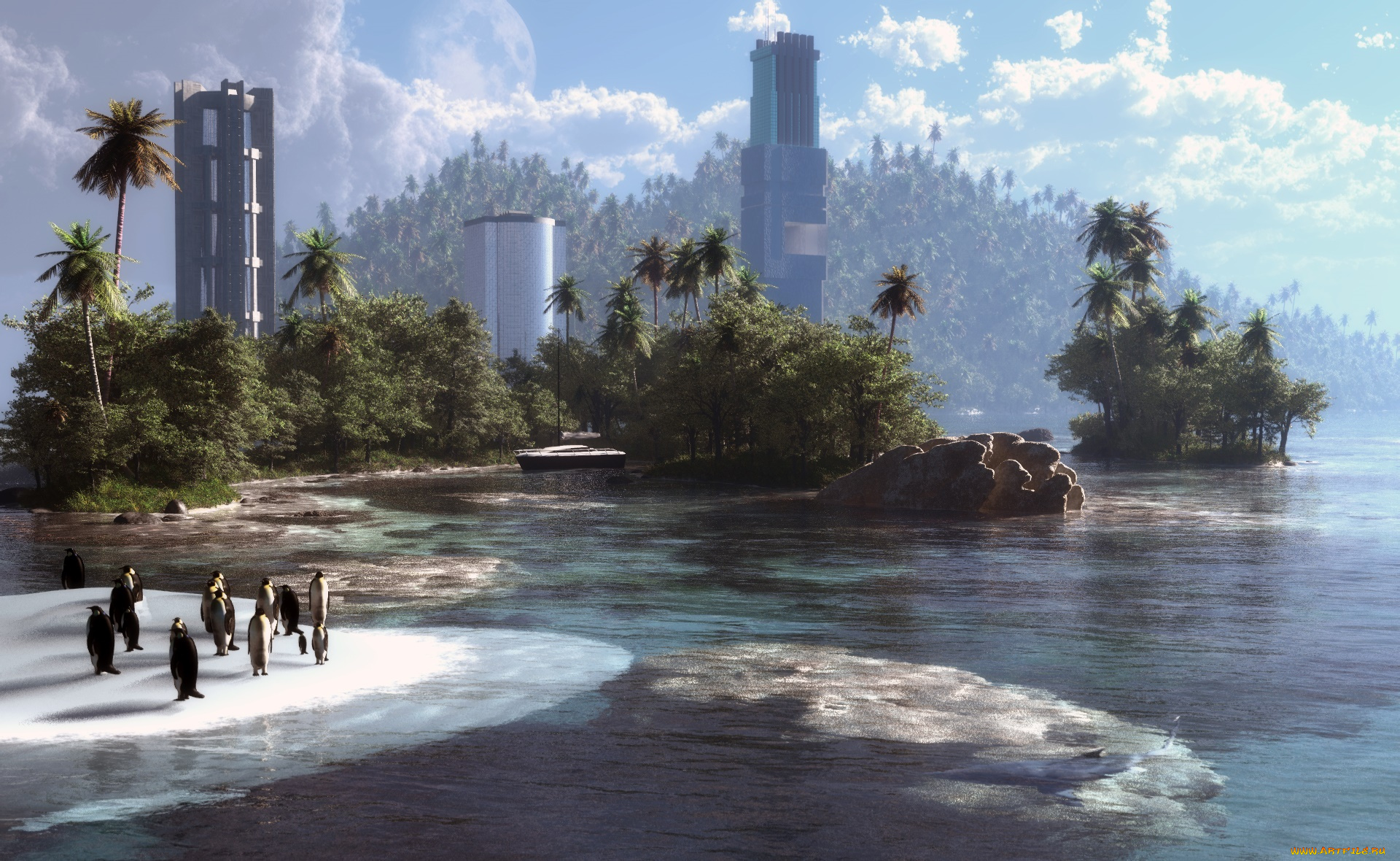 3д, графика, другое, , other, вершина, пингвины, дома, лед, лес, облака