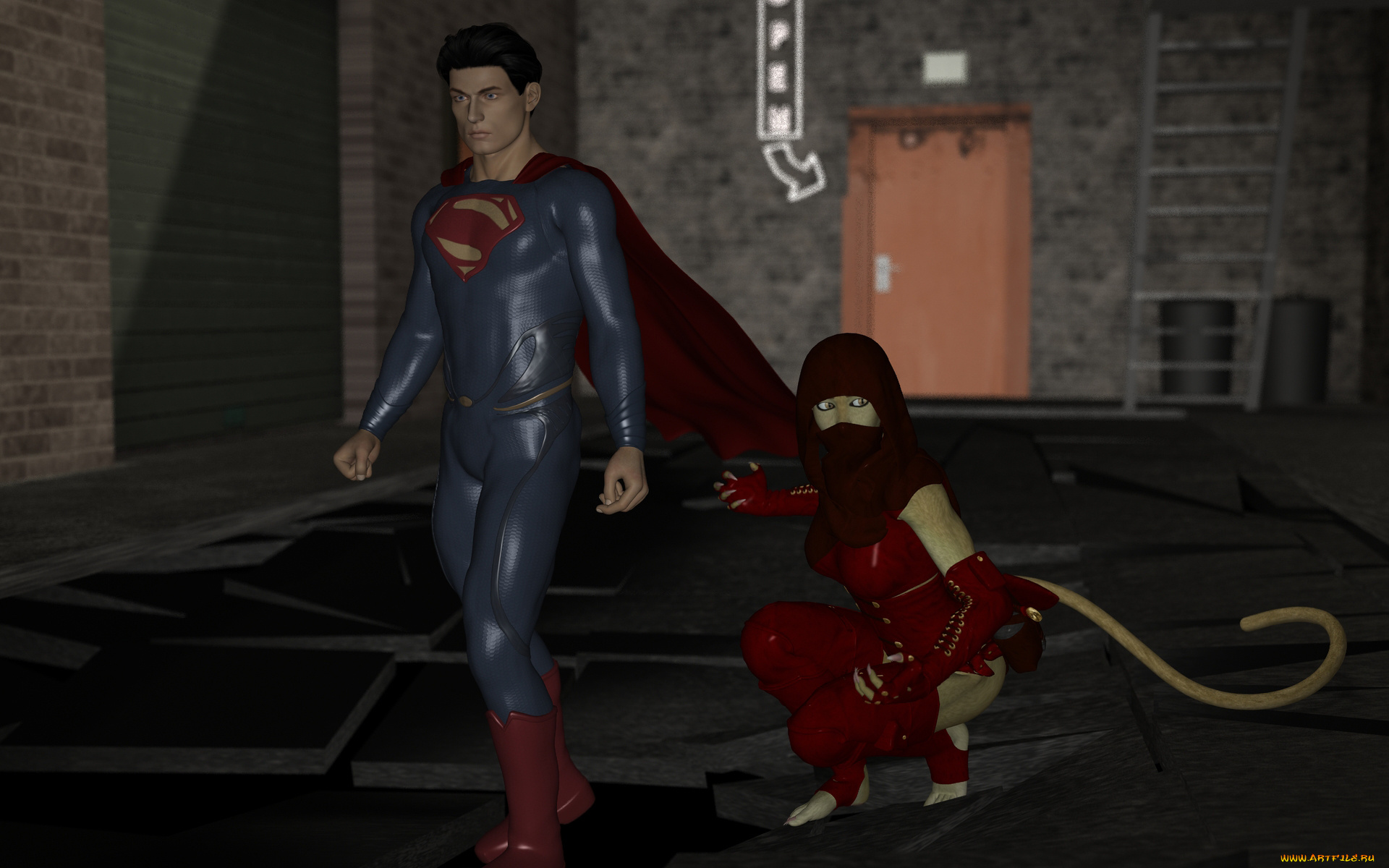 3д, графика, фантазия, , fantasy, хвост, супермен, фон, взгляд, девушка