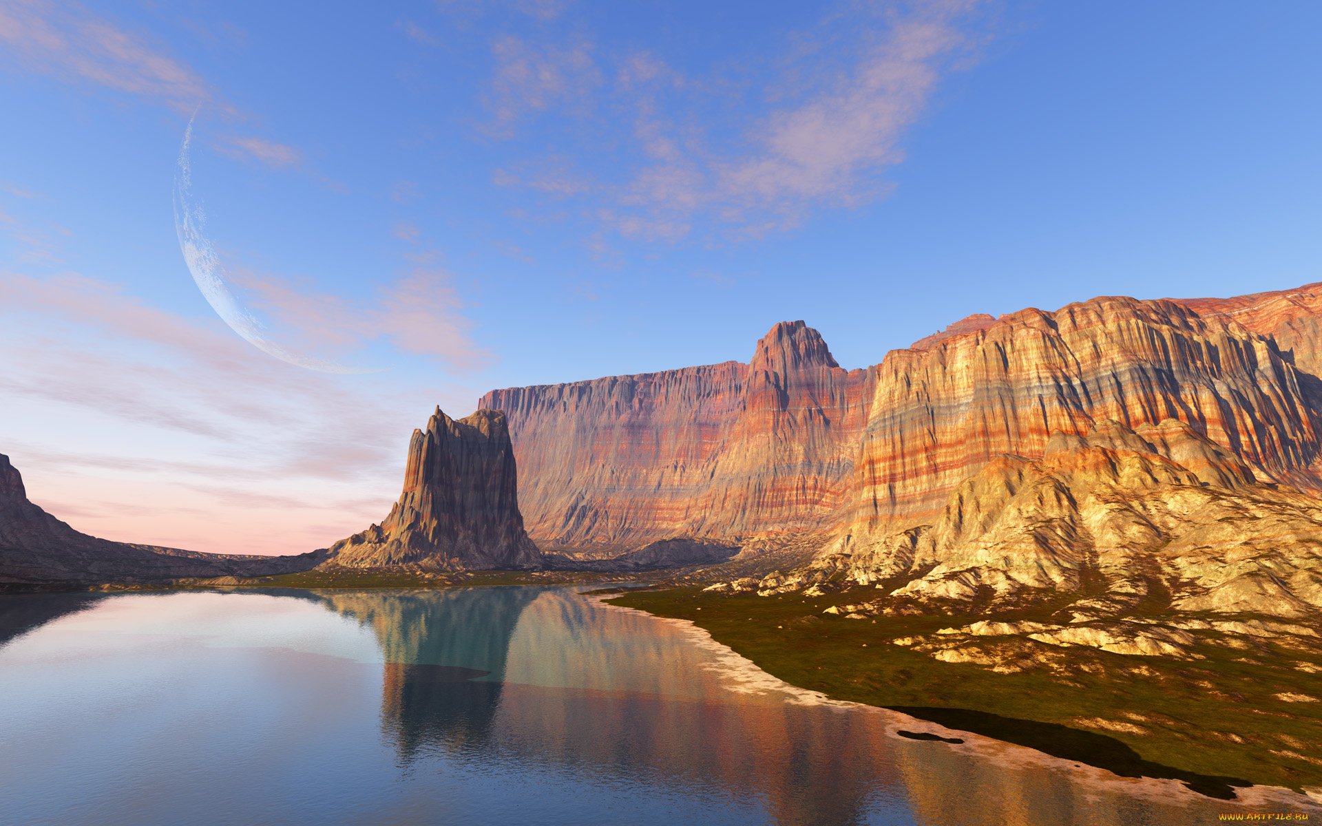 3д, графика, природа, , nature, облака, луна, планета, каньон, река