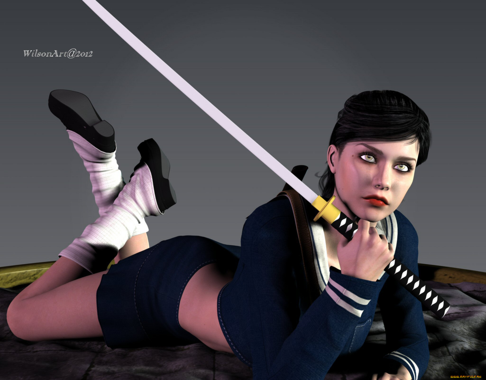 3д, графика, люди, , people, катана, фон, взгляд, девушка