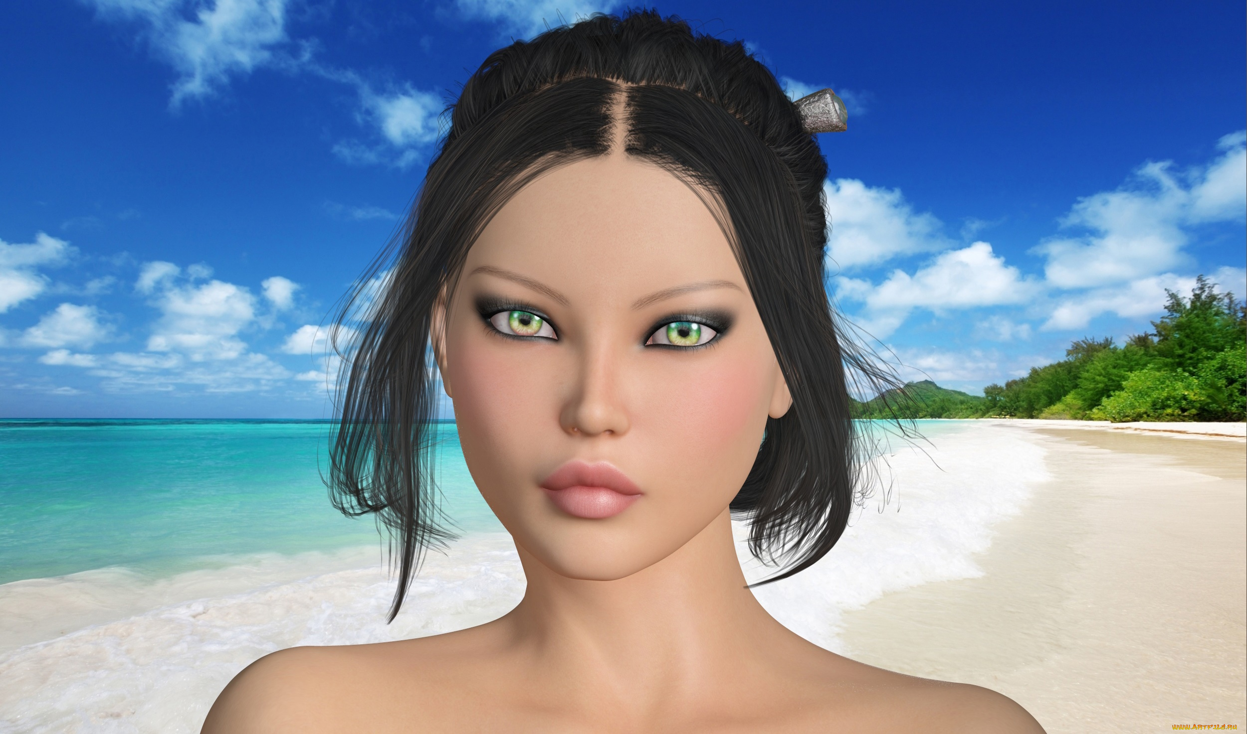 3д, графика, портрет, , portraits, пляж, фон, взгляд, девушка