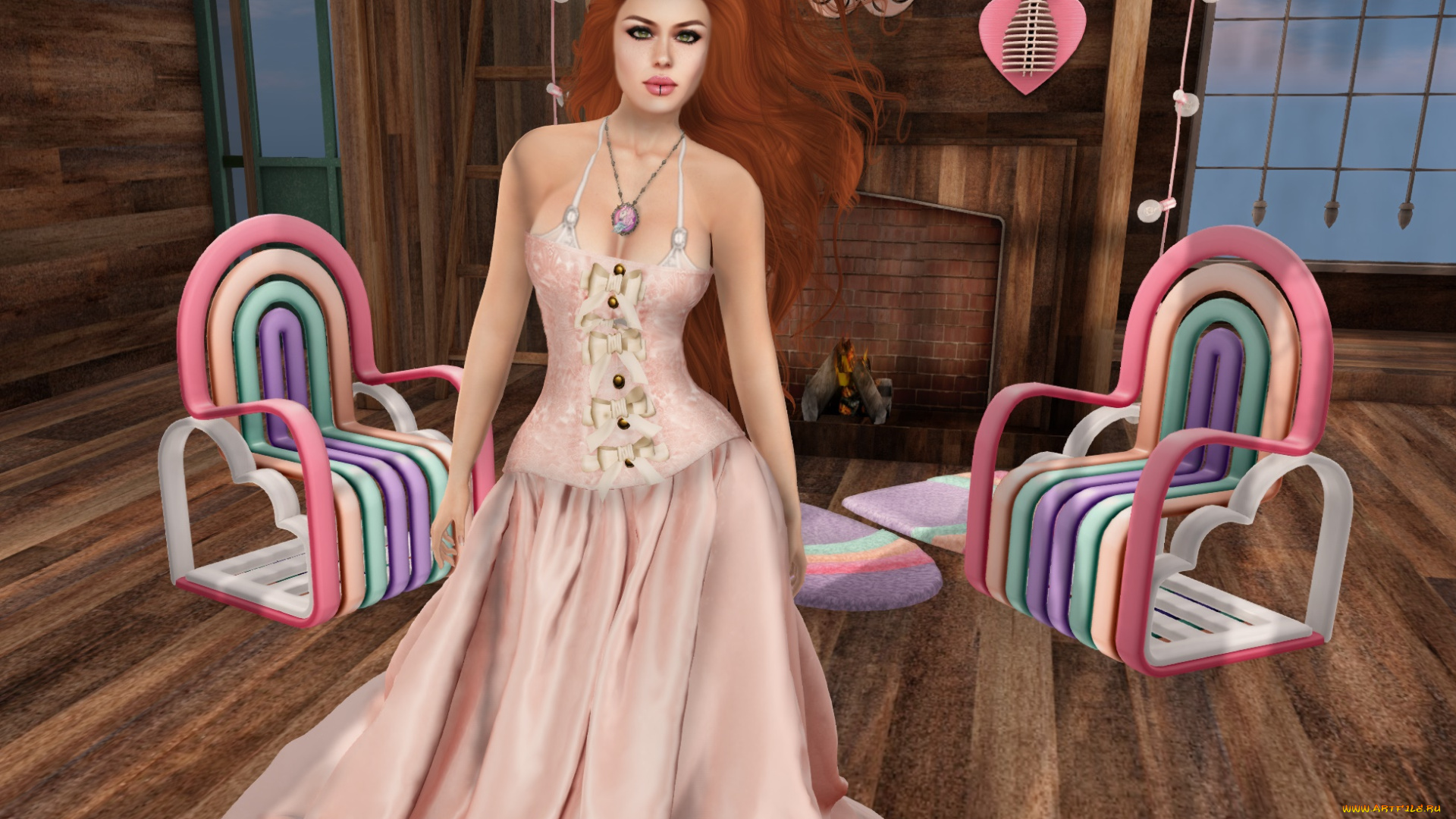 3д, графика, люди, , people, девушка, интерьер, рыжая, фон, взгляд