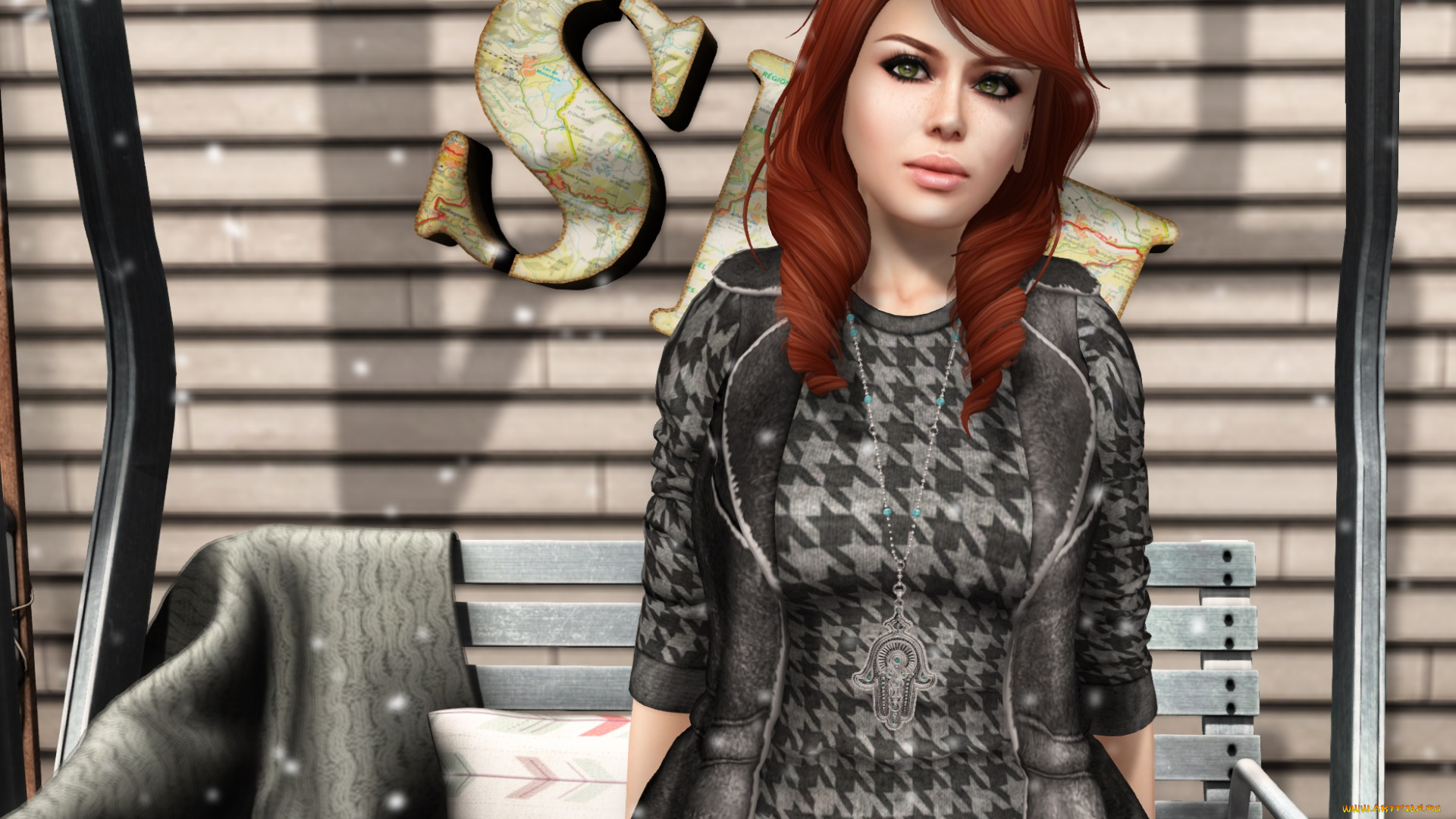 3д, графика, люди, , people, девушка, взгляд, фон, рыжая, интерьер