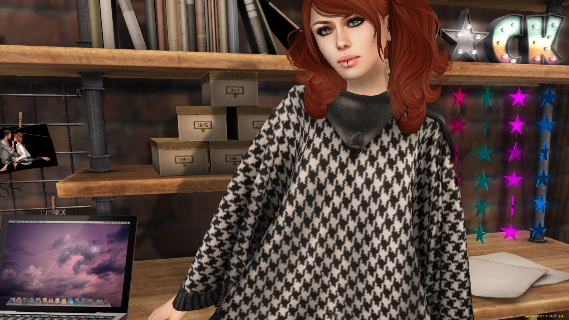 3д, графика, люди, , people, рыжая, фон, взгляд, девушка