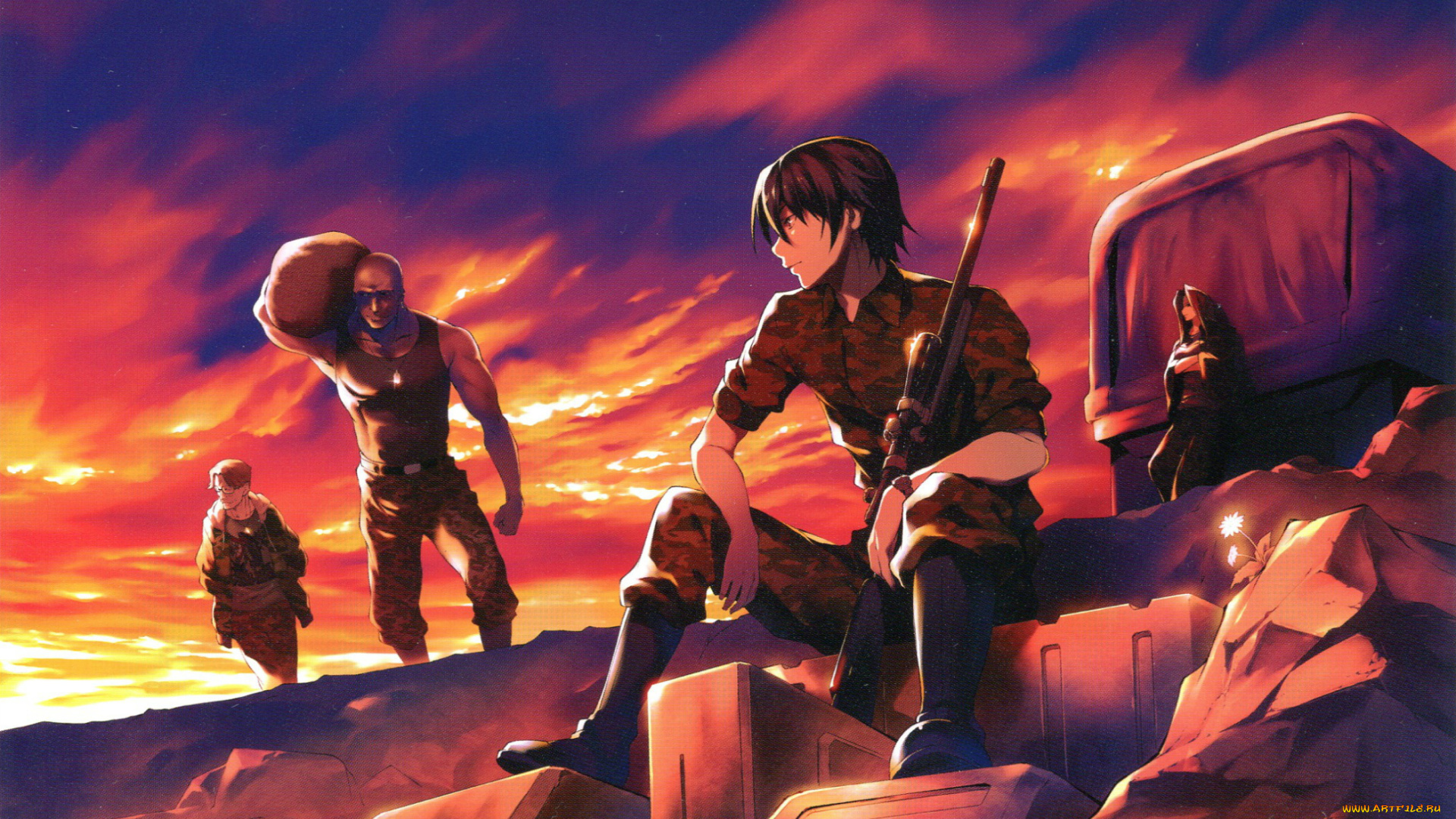 аниме, grisaia, no, kajitsu, art, fumio, grisaia, no, kajitsu, yuuji, kazami, парни, наемники, камуфляж, грузовик, закат, винтовка