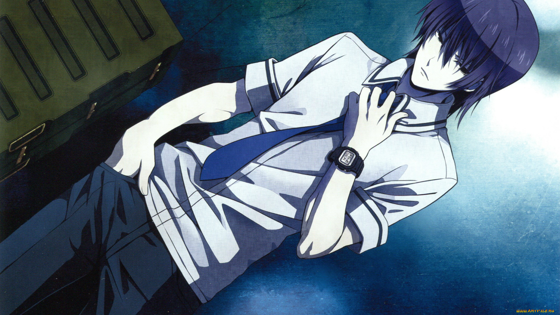 аниме, grisaia, no, kajitsu, grisaia, no, kajitsu, yuuji, kazami, парень, часы, ящик, галстук