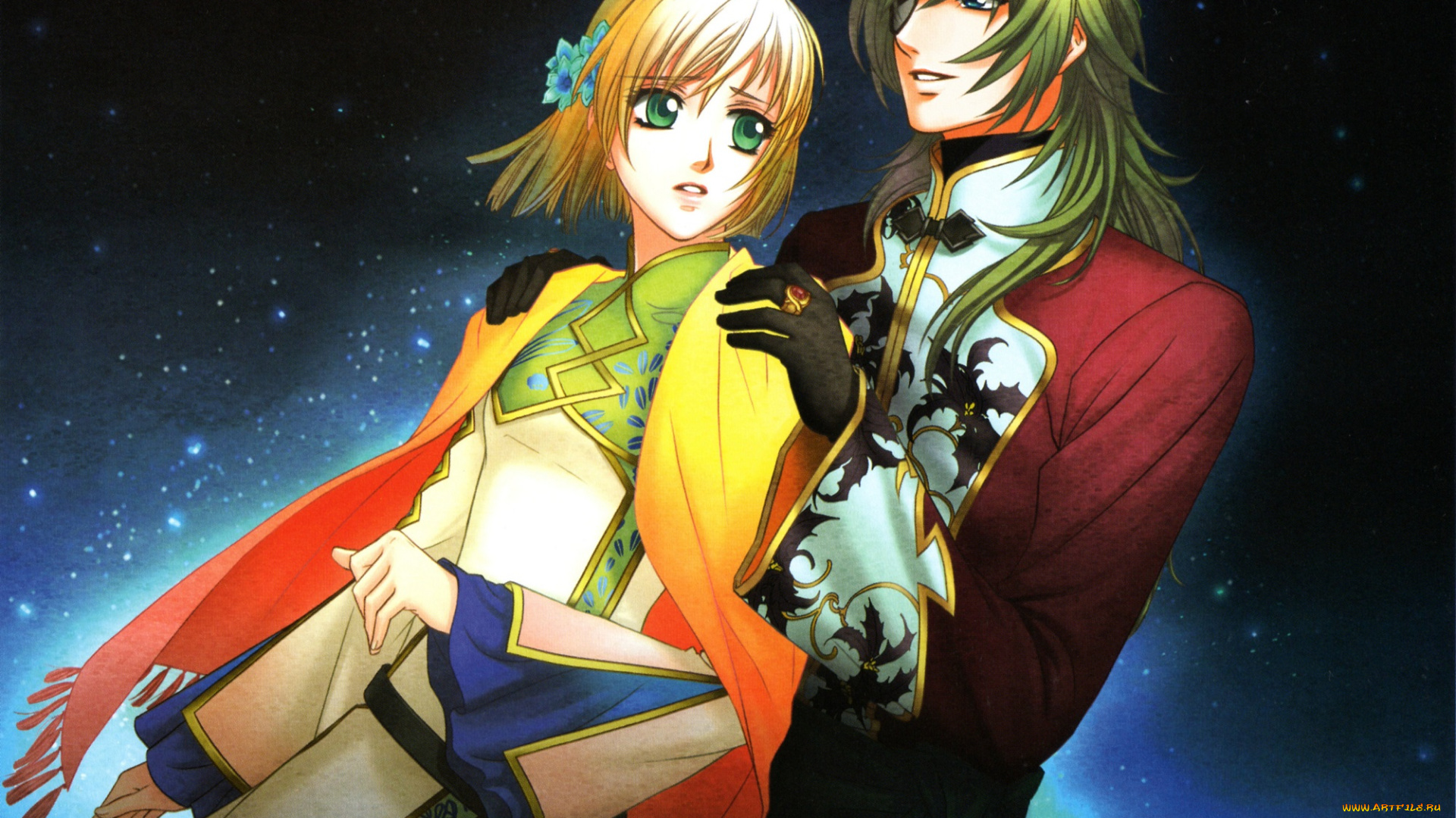 аниме, unknown, , другое, двое, свидание, костюм, зеленые, глаза, ночь, звезды