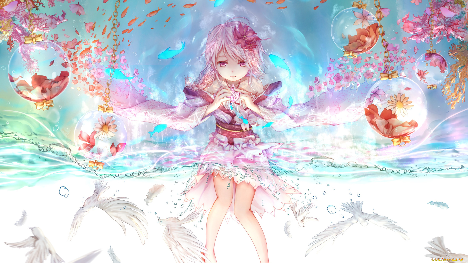 аниме, животные, , существа, девочка, рыбки, голуби