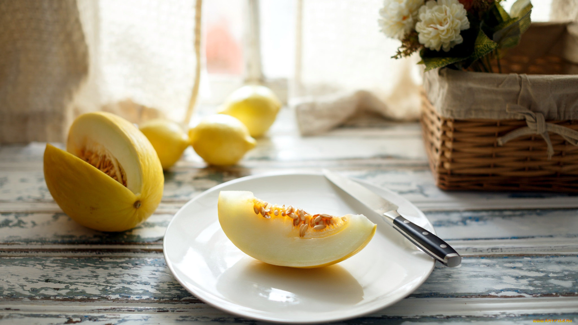 еда, дыня, ломтик, нож, тарелка