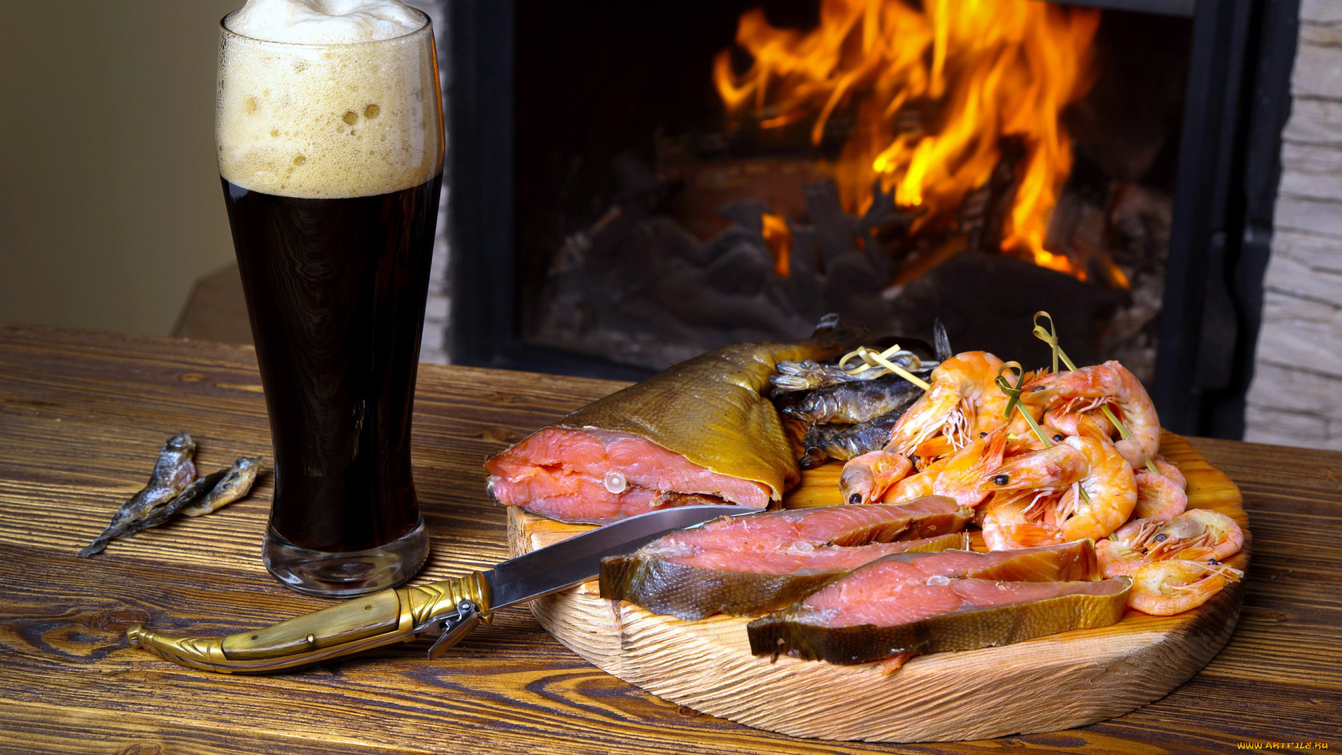 еда, разное, камин, креветки, рыба, пиво, огонь