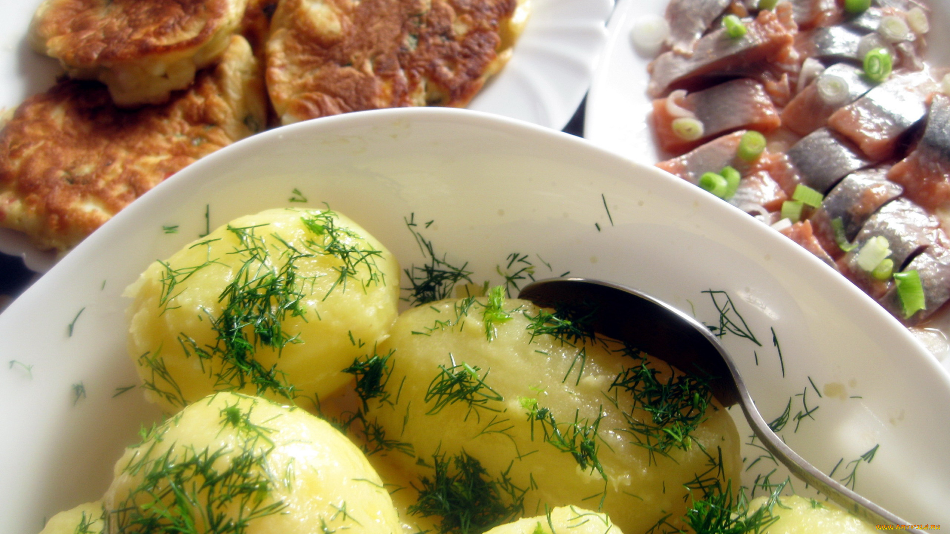 еда, разное, картошка, укроп, оладьи, селедка