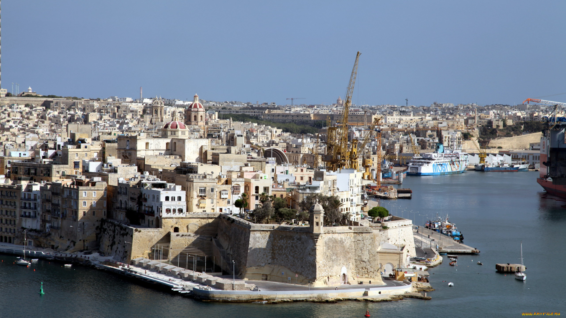 города, валетта, , мальта, панорама, залив