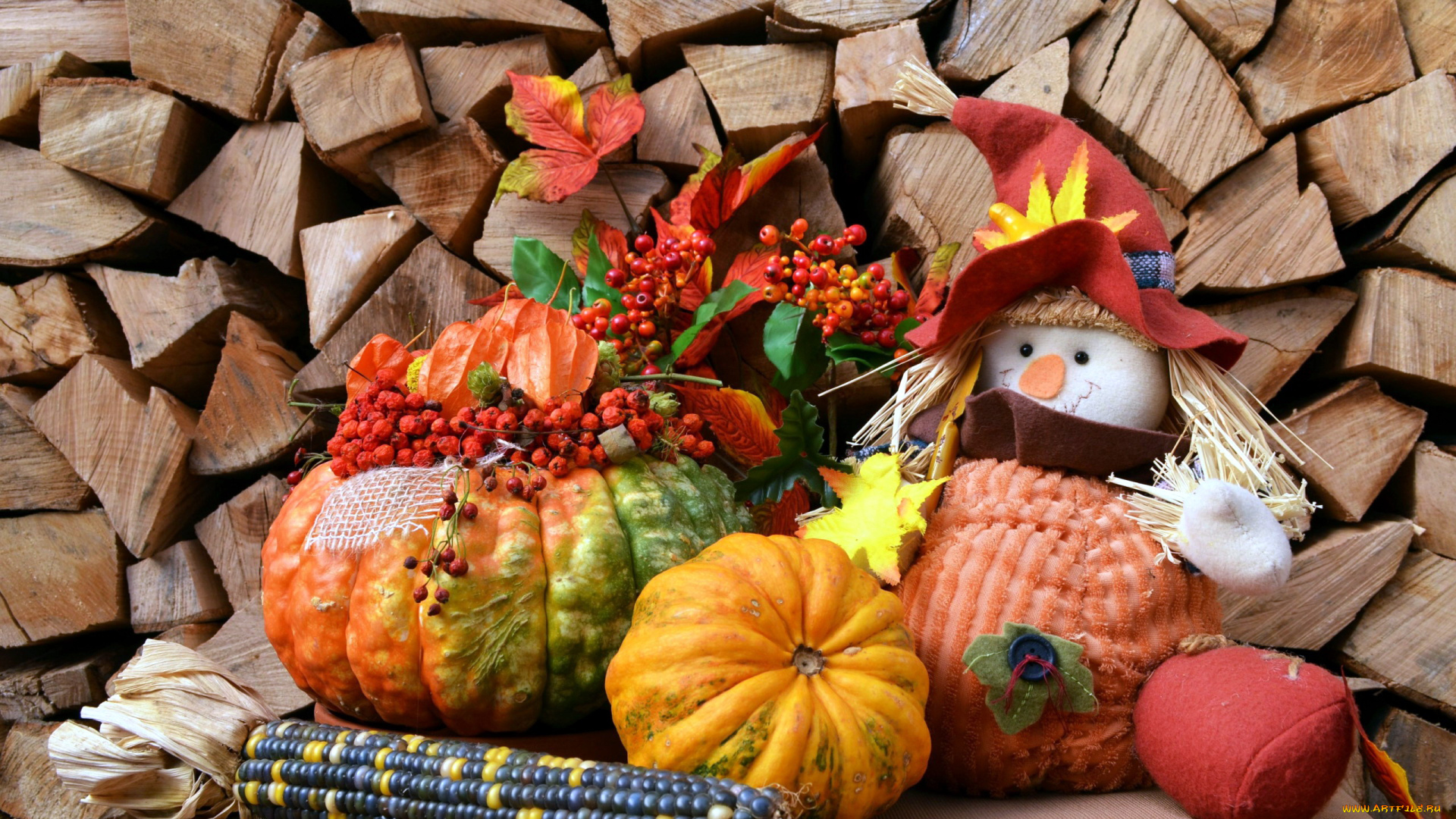 праздничные, хэллоуин, рябина, кукуруза, тыква, чучело, дрова