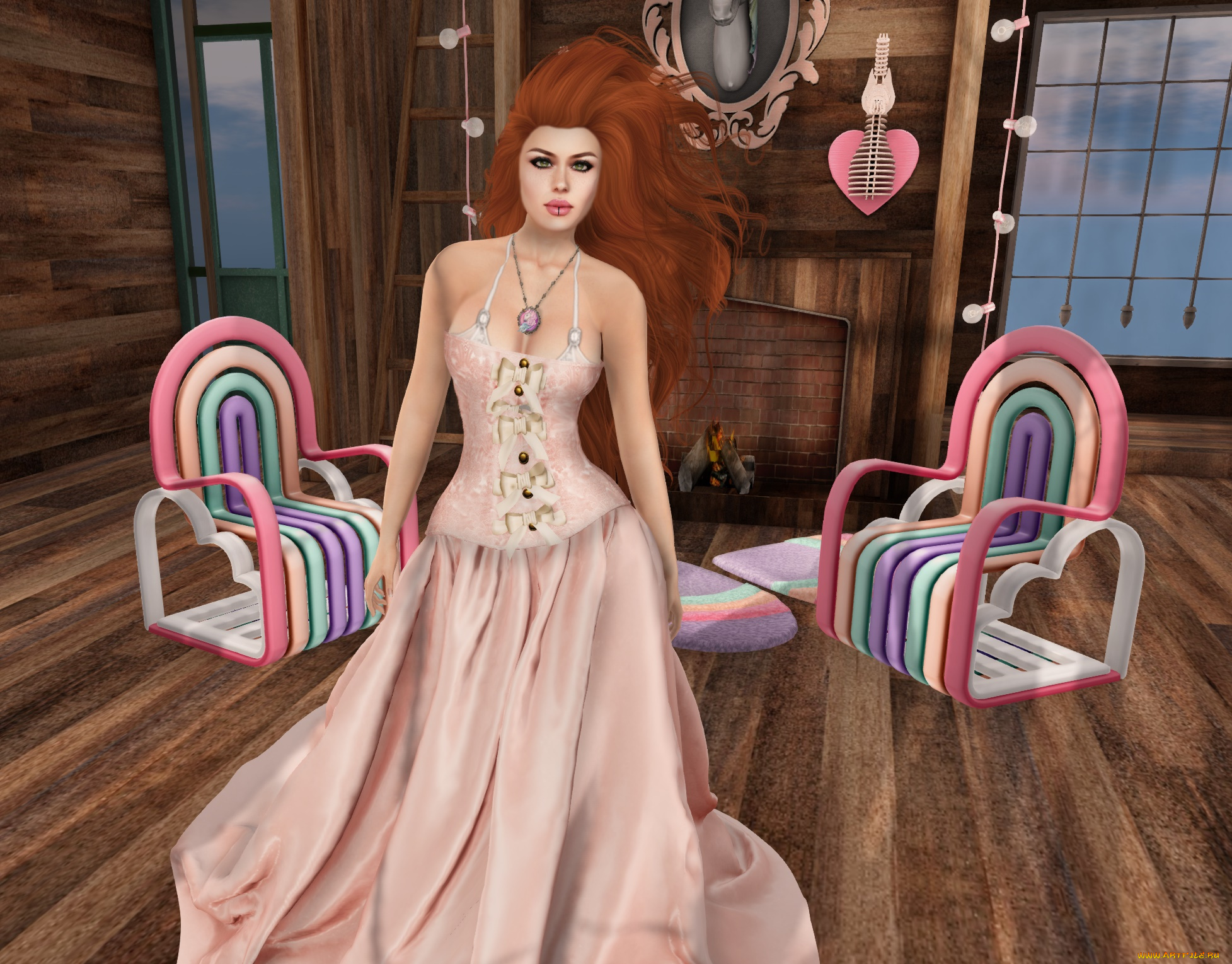 3д, графика, люди, , people, девушка, интерьер, рыжая, фон, взгляд