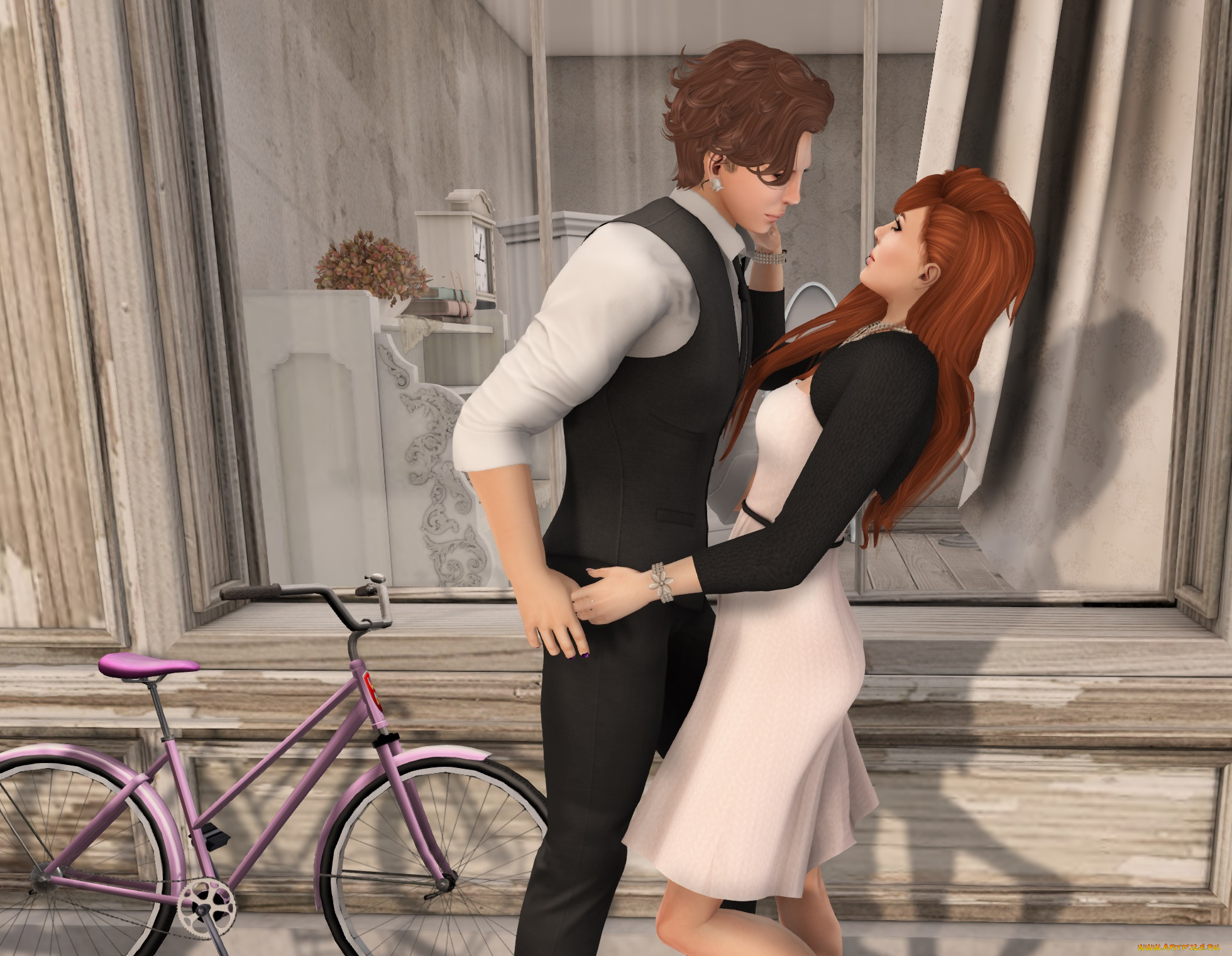 3д, графика, романтика, , romantics, взгляд, фон, девушка, парень, рыжая