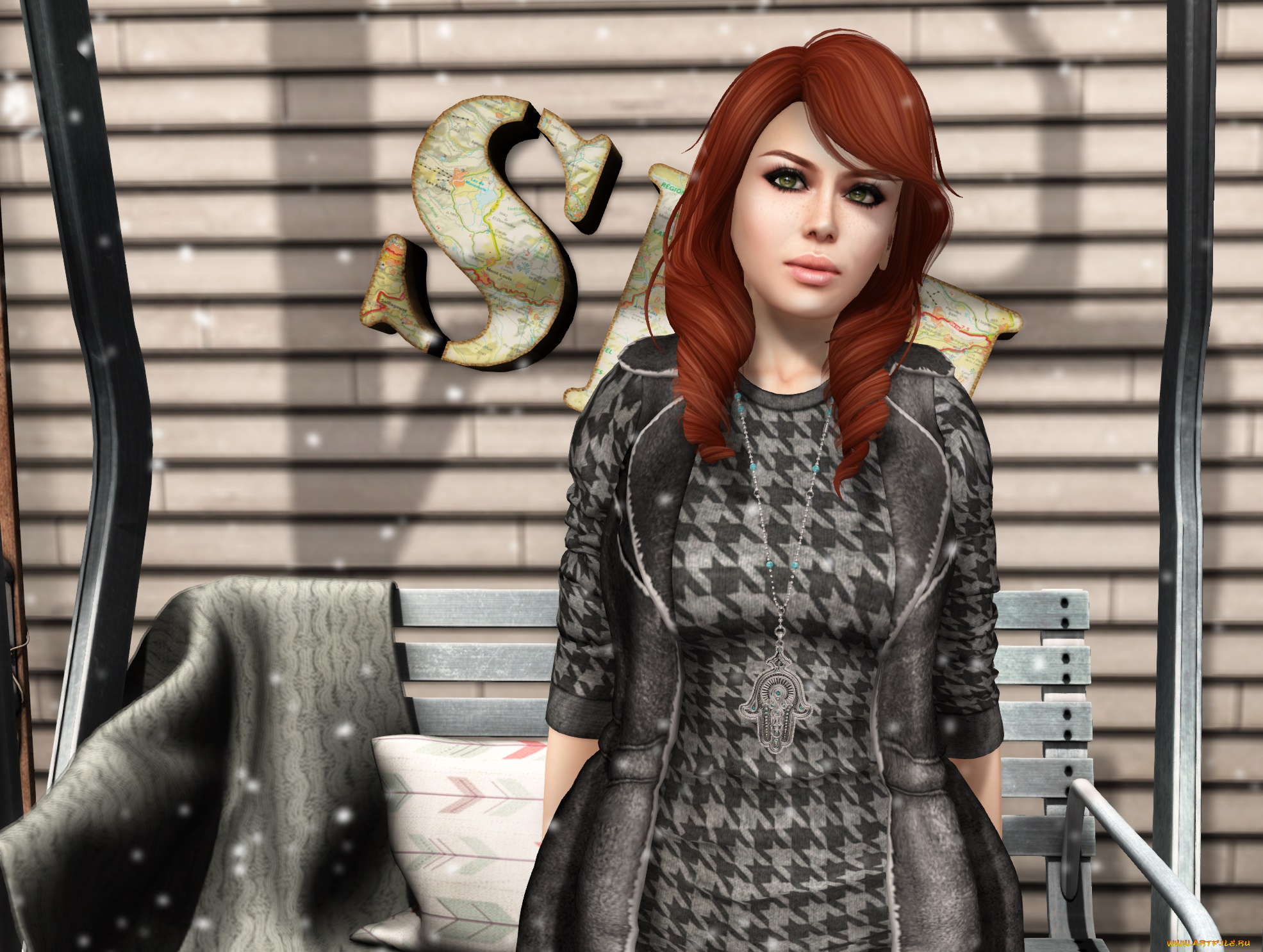 3д, графика, люди, , people, девушка, взгляд, фон, рыжая, интерьер