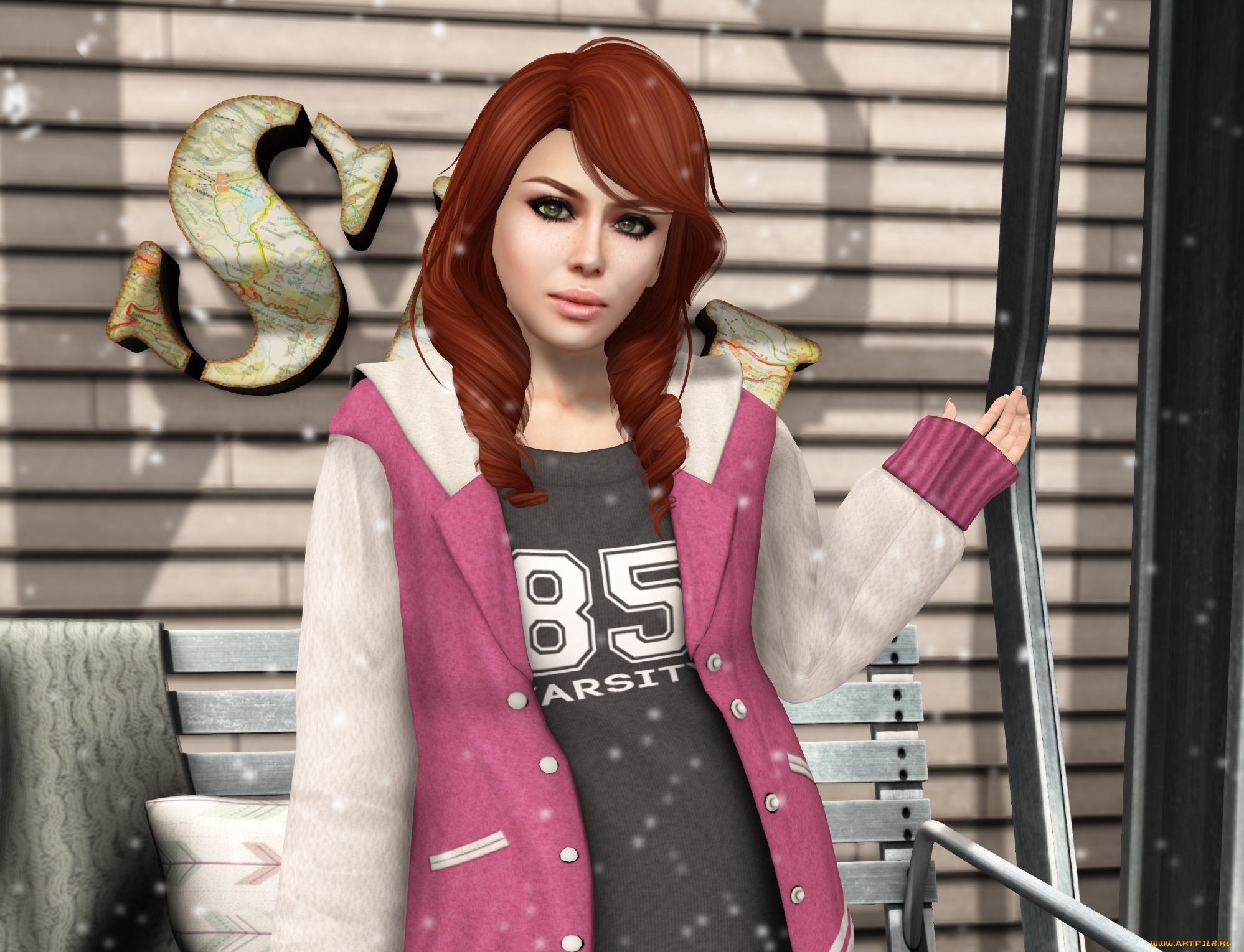 3д, графика, люди, , people, взгляд, интерьер, девушка, рыжая, фон