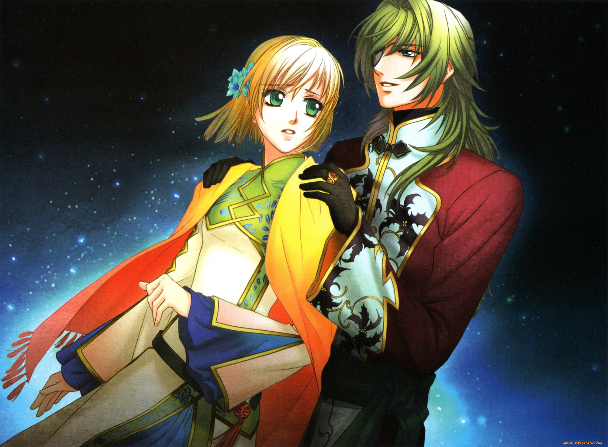 аниме, unknown, , другое, двое, свидание, костюм, зеленые, глаза, ночь, звезды