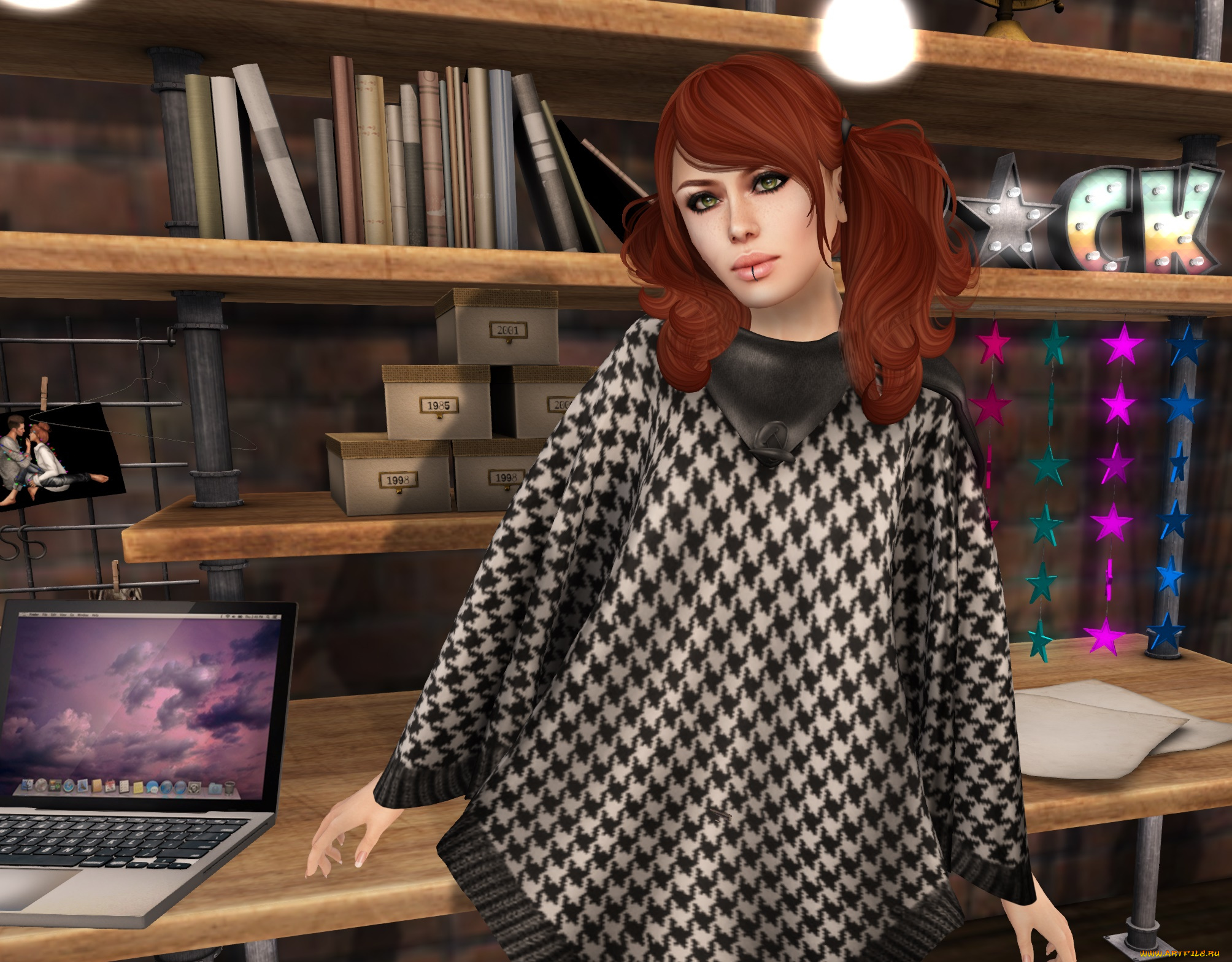 3д, графика, люди, , people, рыжая, фон, взгляд, девушка