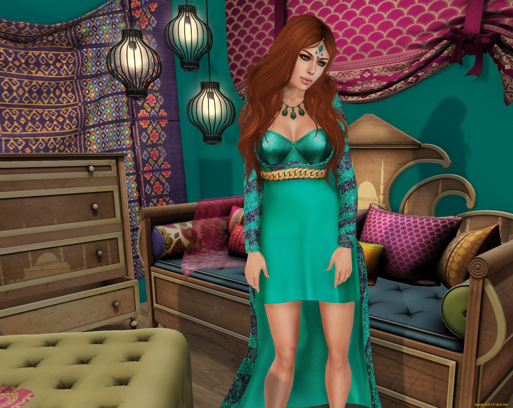 3д, графика, люди, , people, взгляд, интерьер, рыжая, фон, девушка