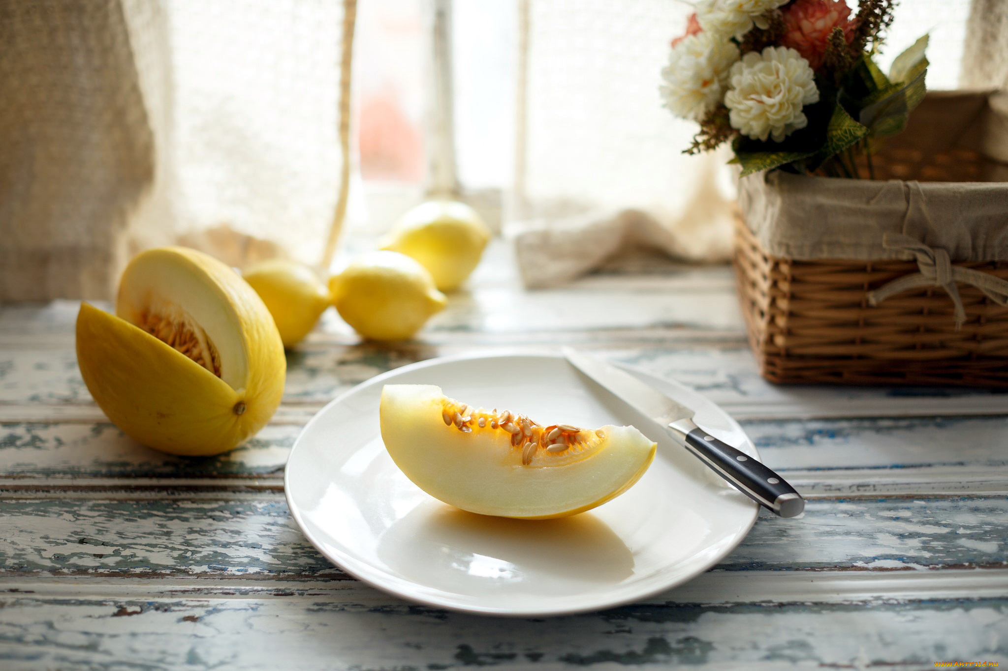 еда, дыня, ломтик, нож, тарелка