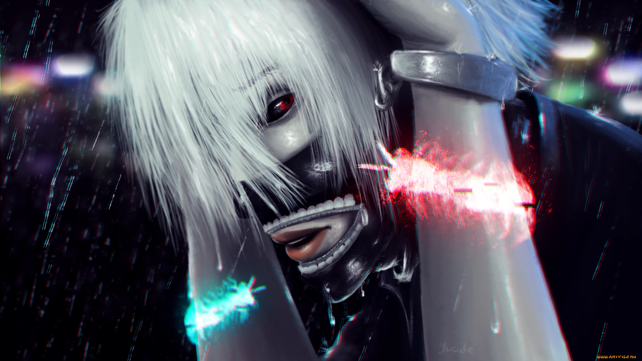 аниме, tokyo, ghoul, yucide, арт, ночь, токийский, гуль, tokyo, ghoul, кен, канеки, дождь, монстр, мужчина, ken, kaneki