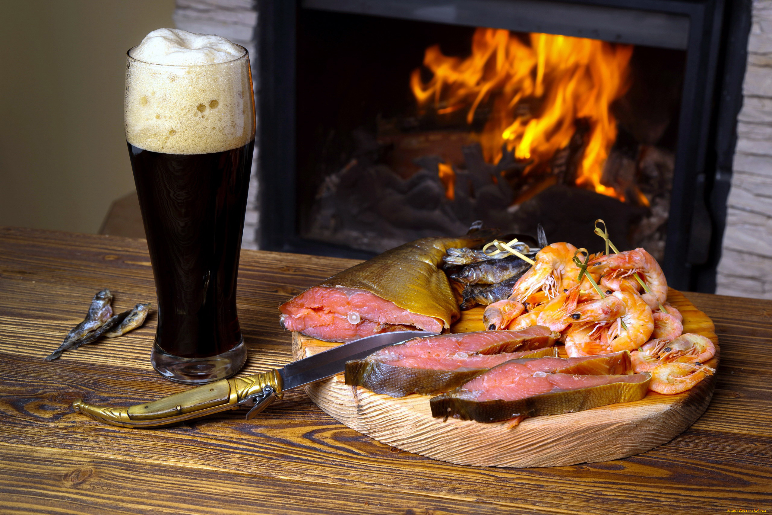 еда, разное, камин, креветки, рыба, пиво, огонь