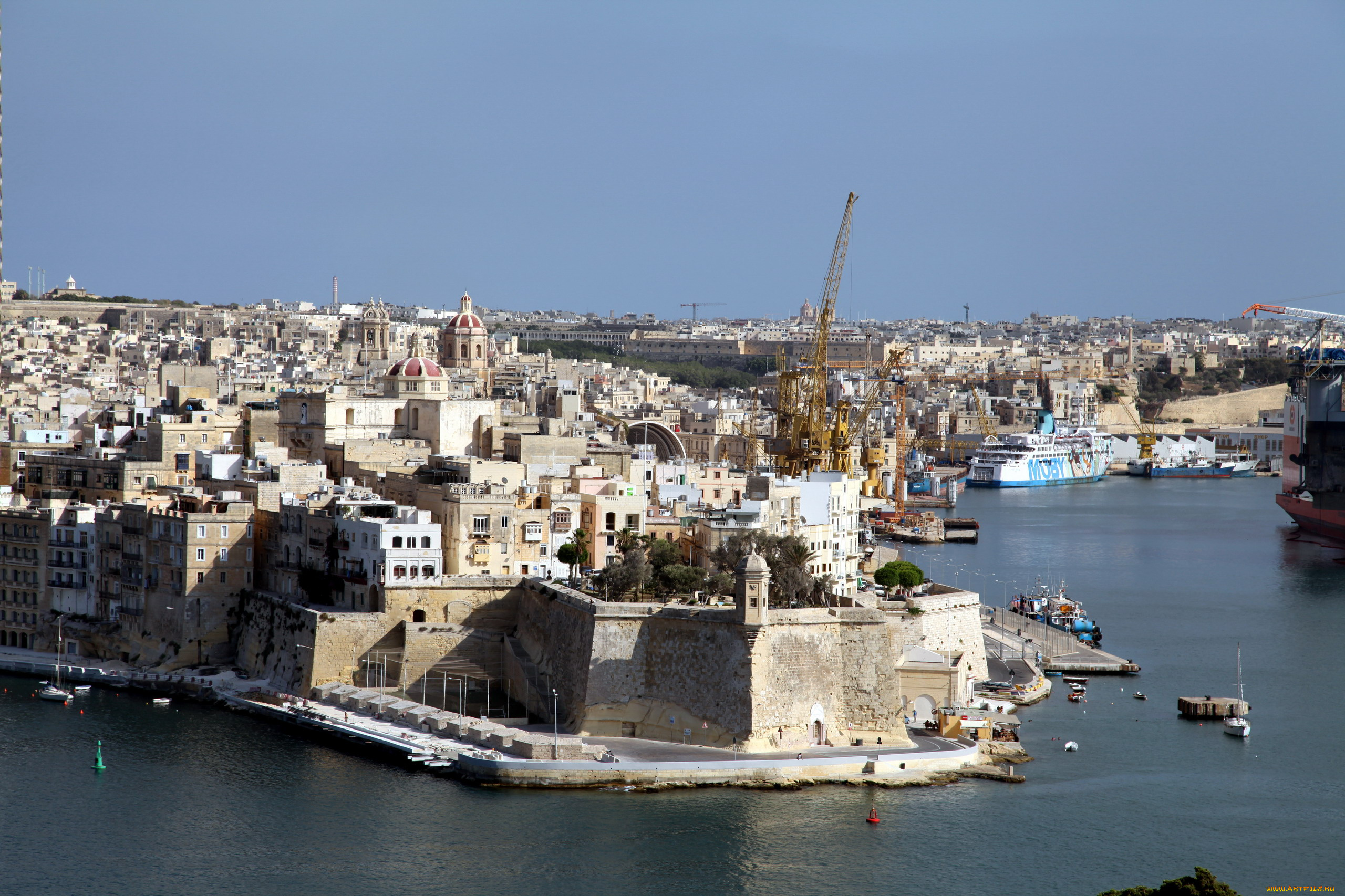 города, валетта, , мальта, панорама, залив
