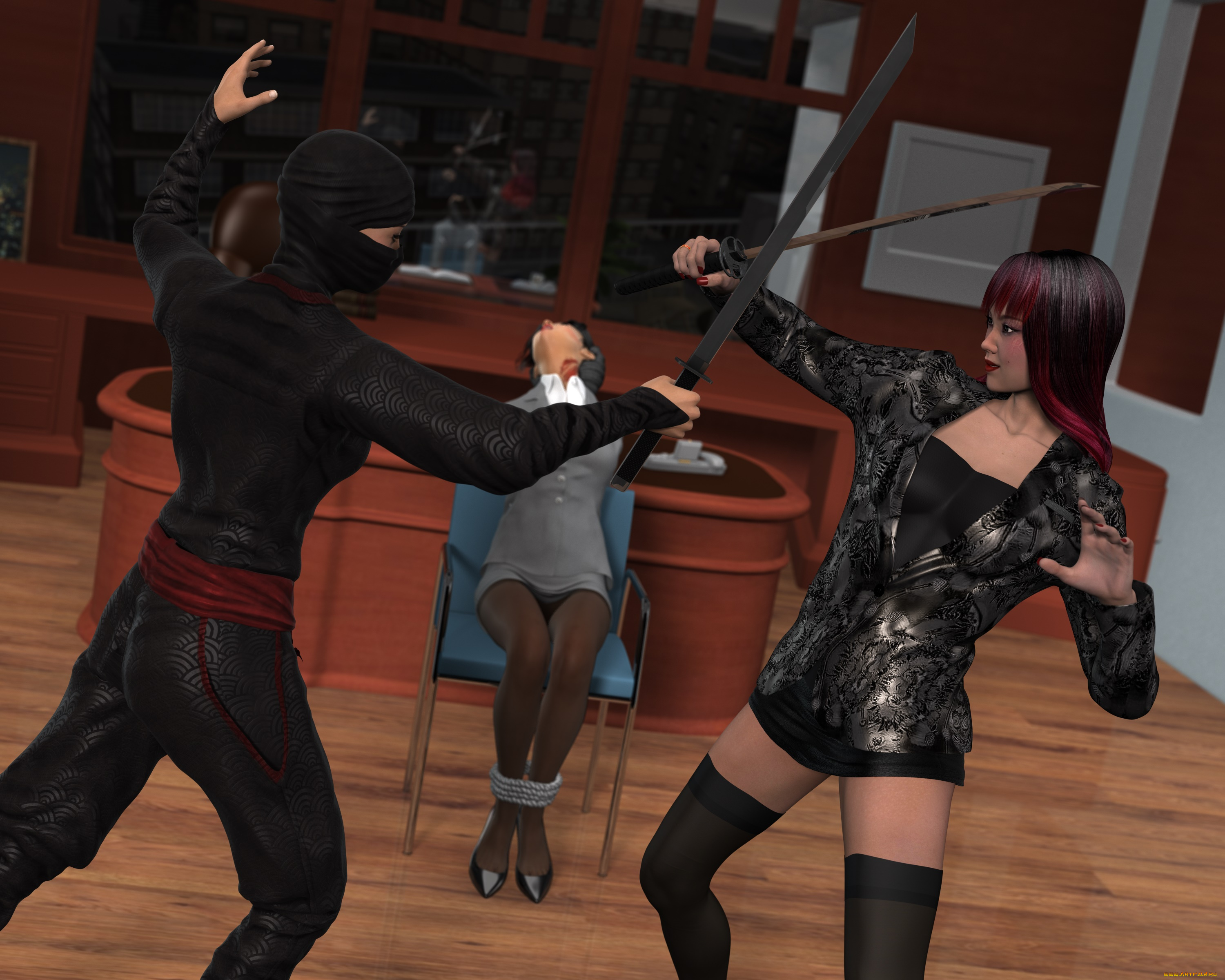 3д, графика, фантазия, , fantasy, взгляд, девушка, ниндзя, фон