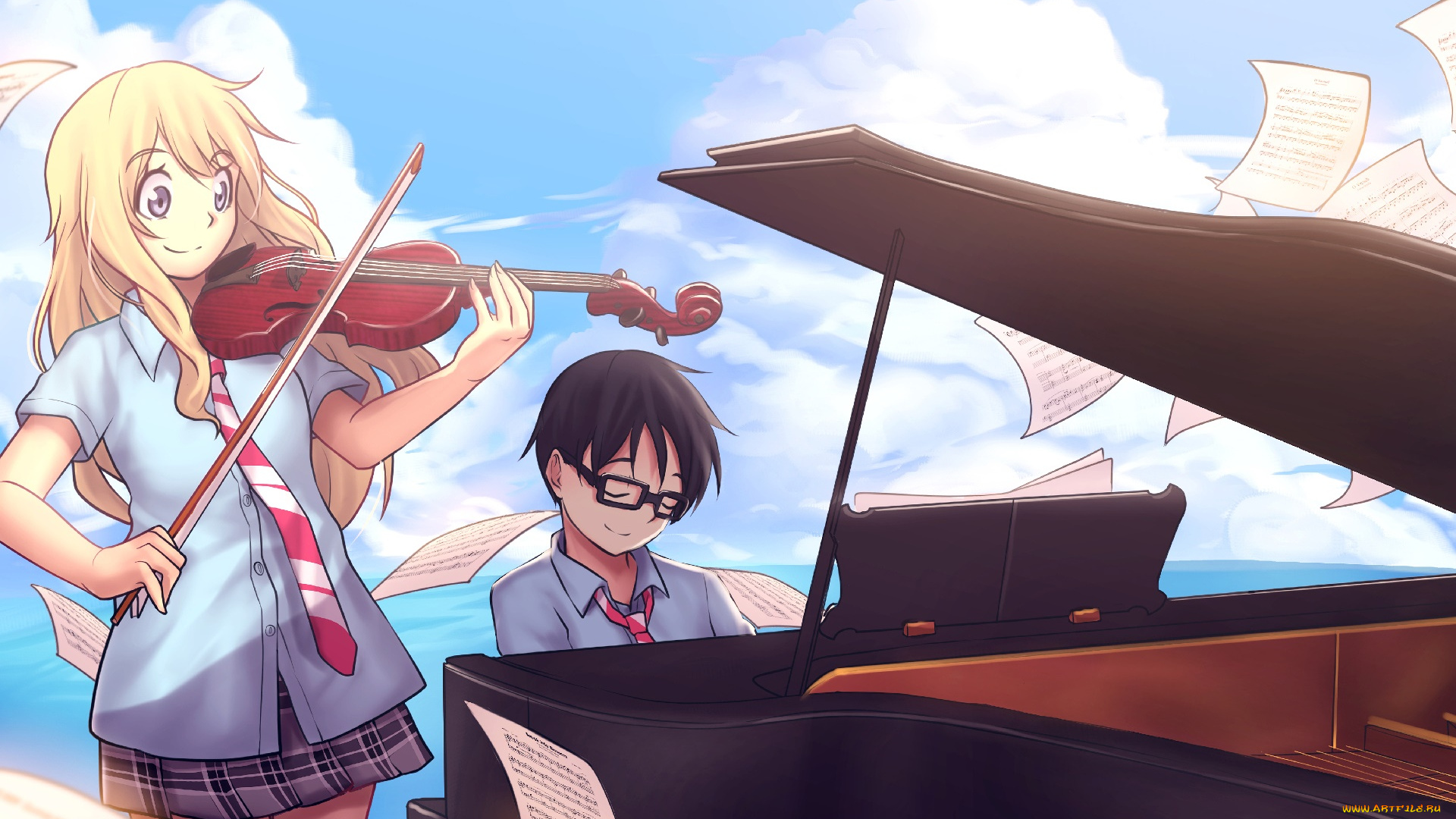 аниме, shigatsu, wa, kimi, no, uso, девушка, взгляд, фон