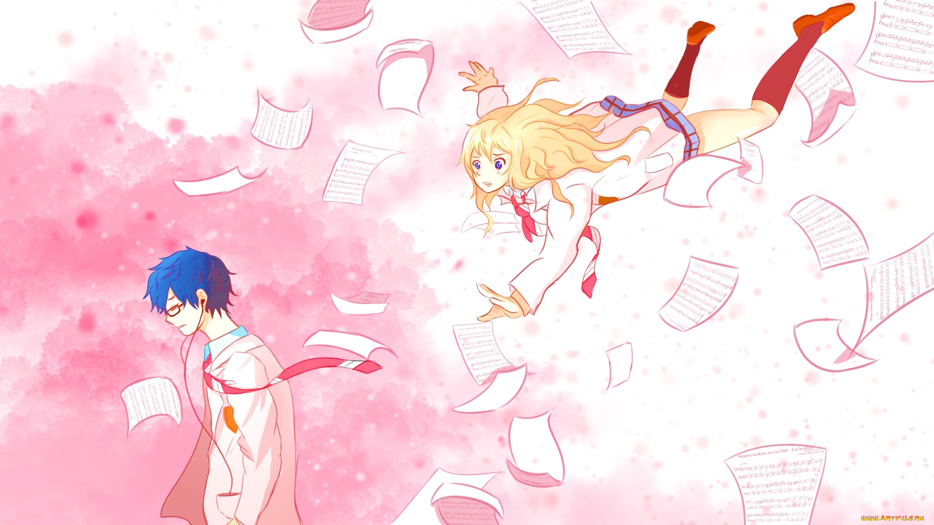 аниме, shigatsu, wa, kimi, no, uso, девушка, взгляд, фон