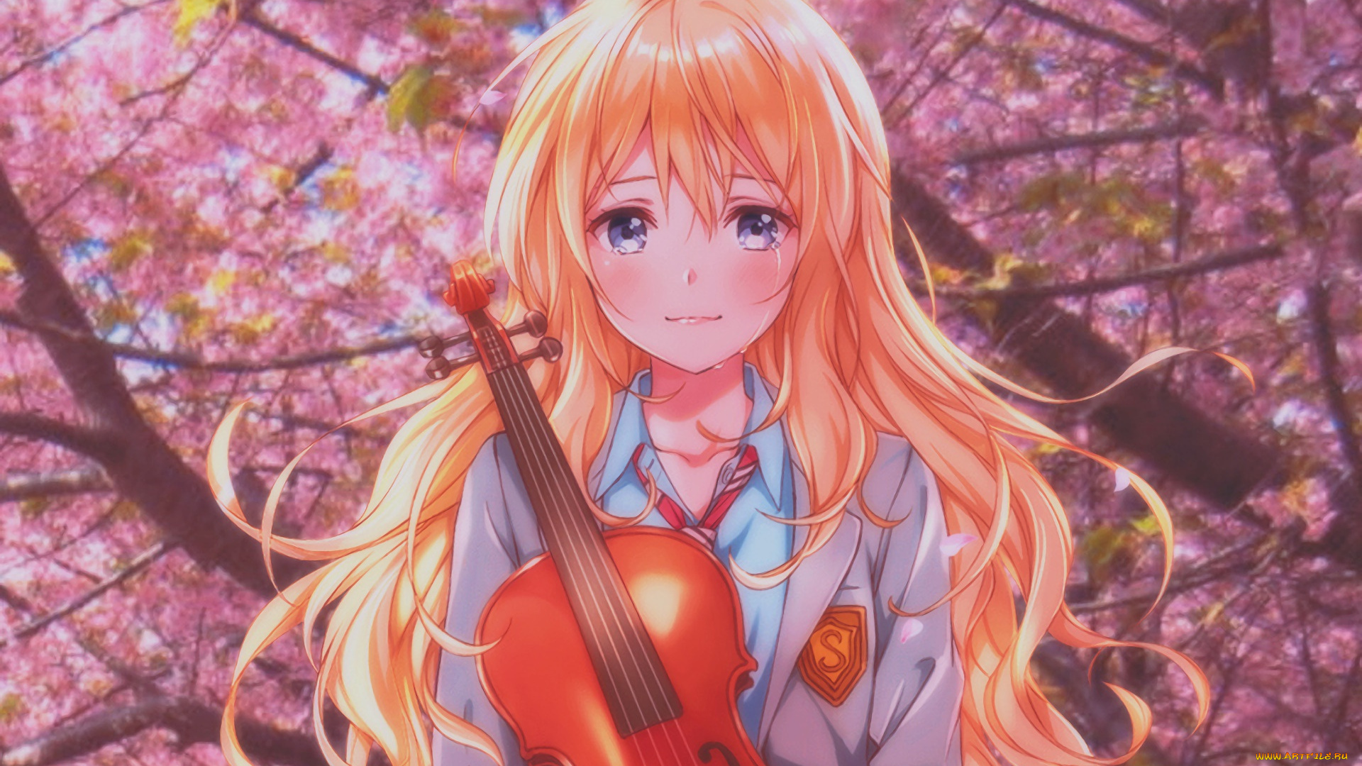 аниме, shigatsu, wa, kimi, no, uso, девушка, взгляд, фон