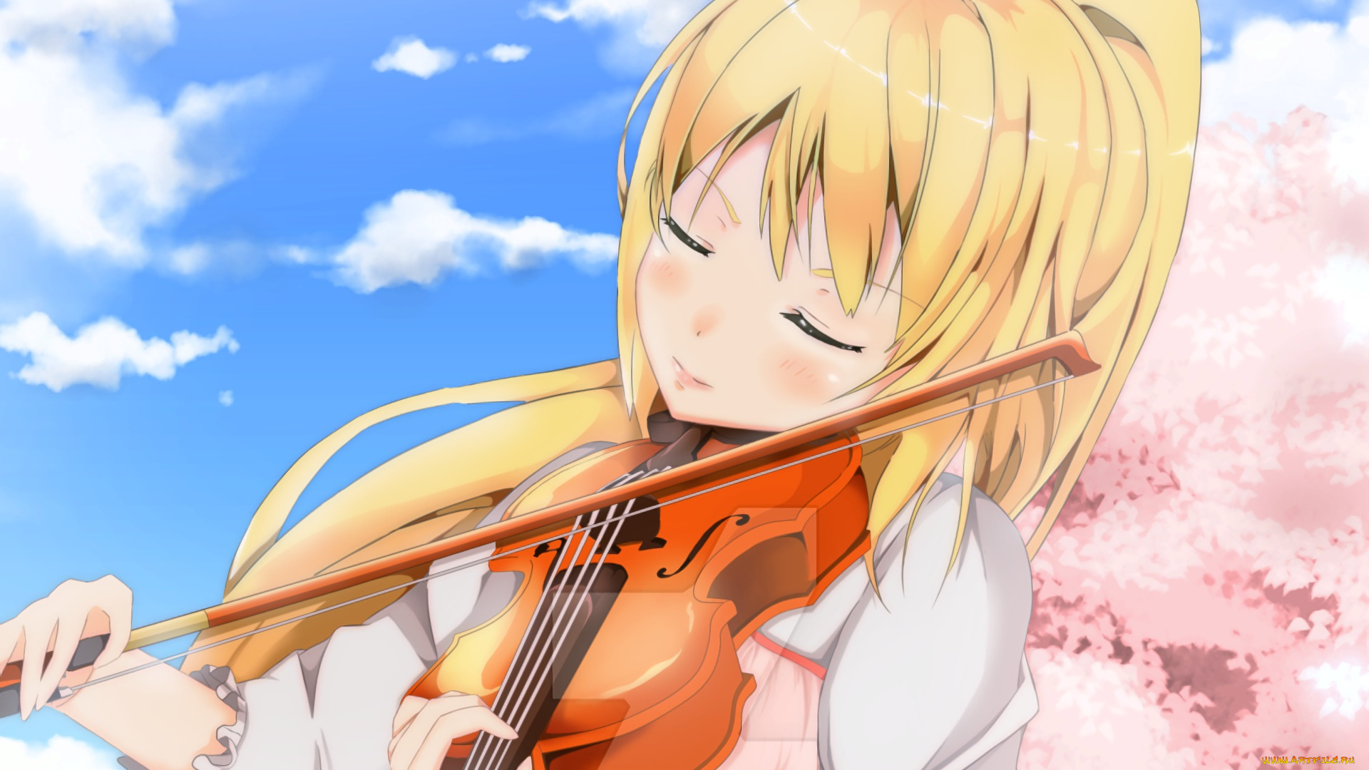 аниме, shigatsu, wa, kimi, no, uso, девушка, взгляд, фон