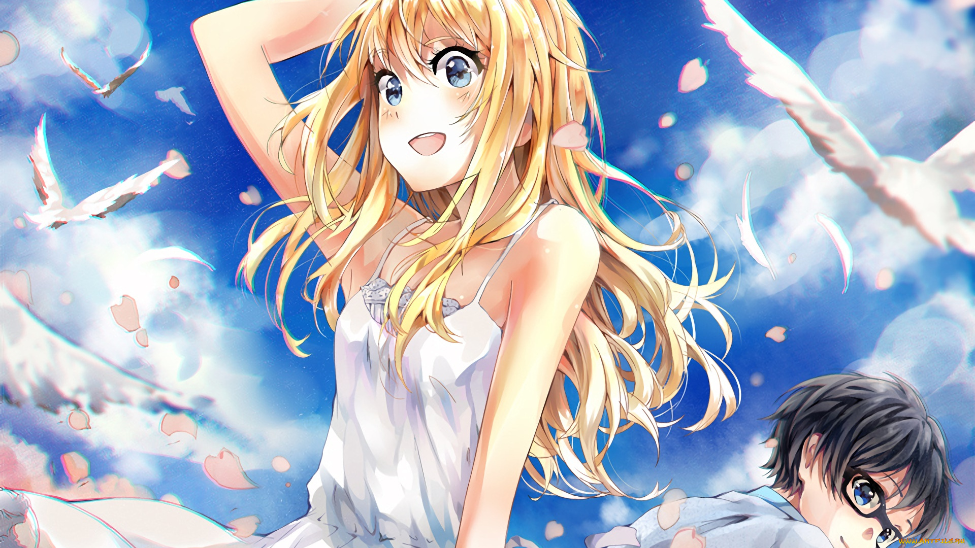 аниме, shigatsu, wa, kimi, no, uso, девушка, взгляд, фон