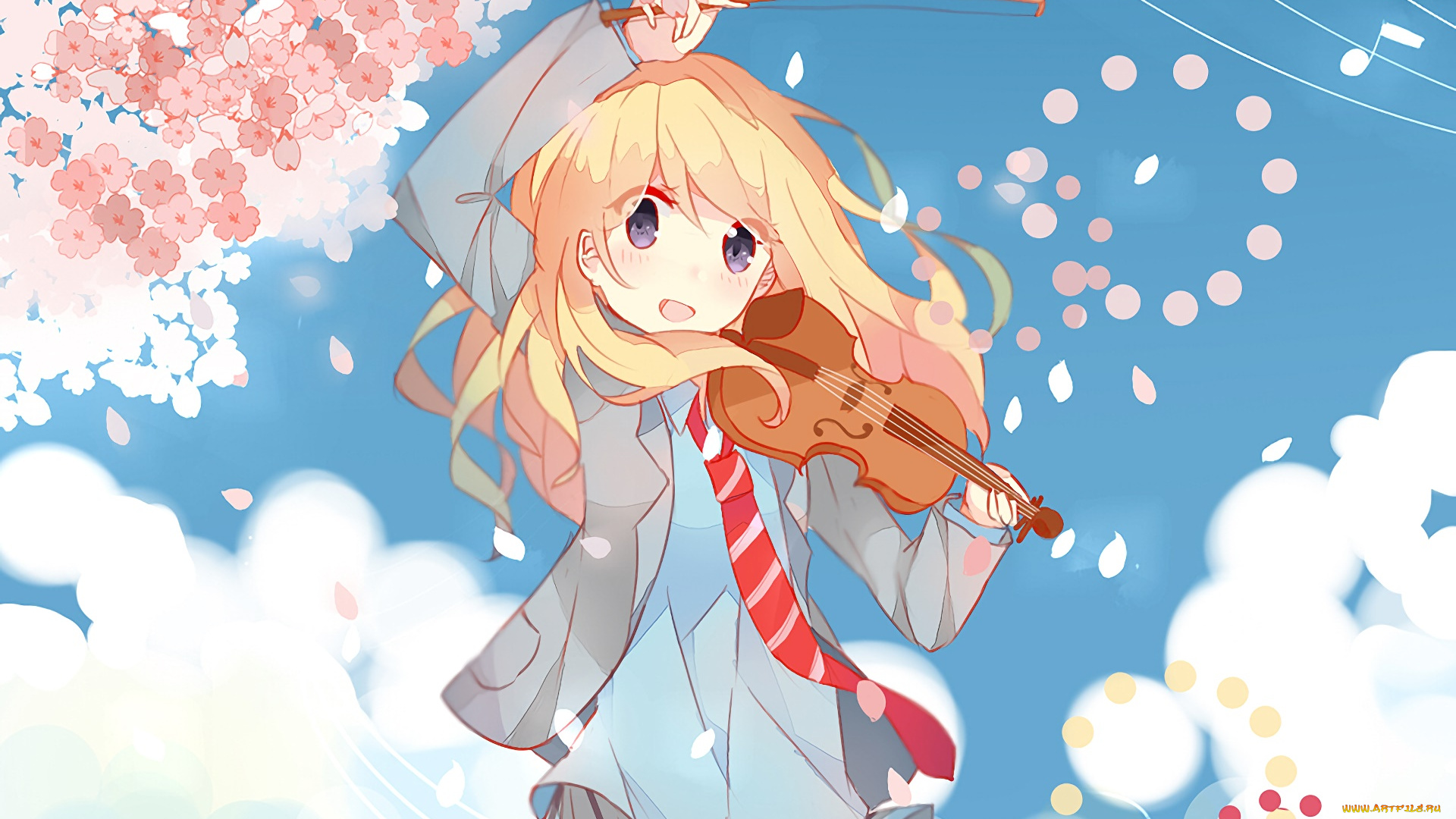 аниме, shigatsu, wa, kimi, no, uso, девушка, взгляд, фон