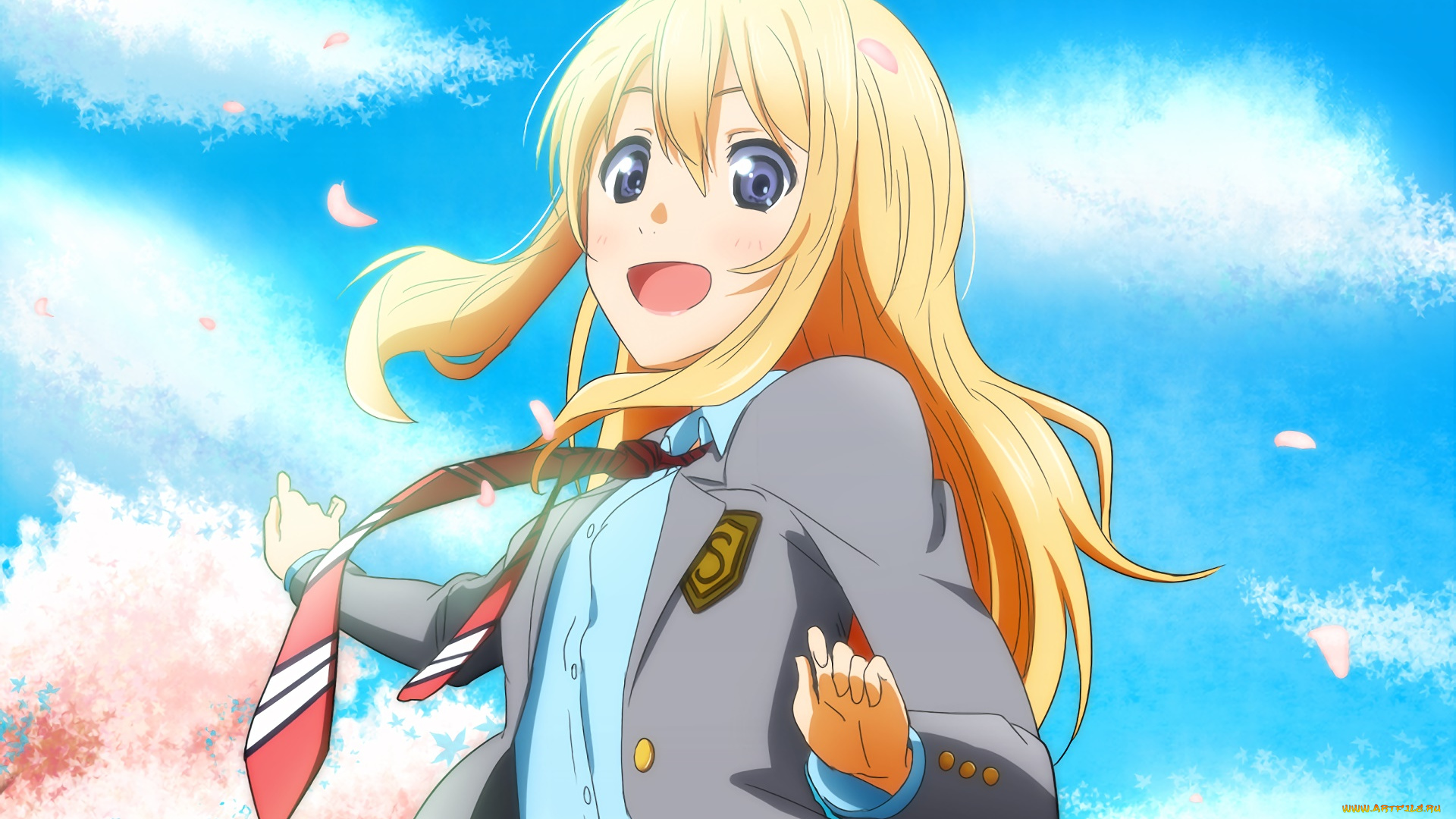 аниме, shigatsu, wa, kimi, no, uso, девушка, взгляд, фон