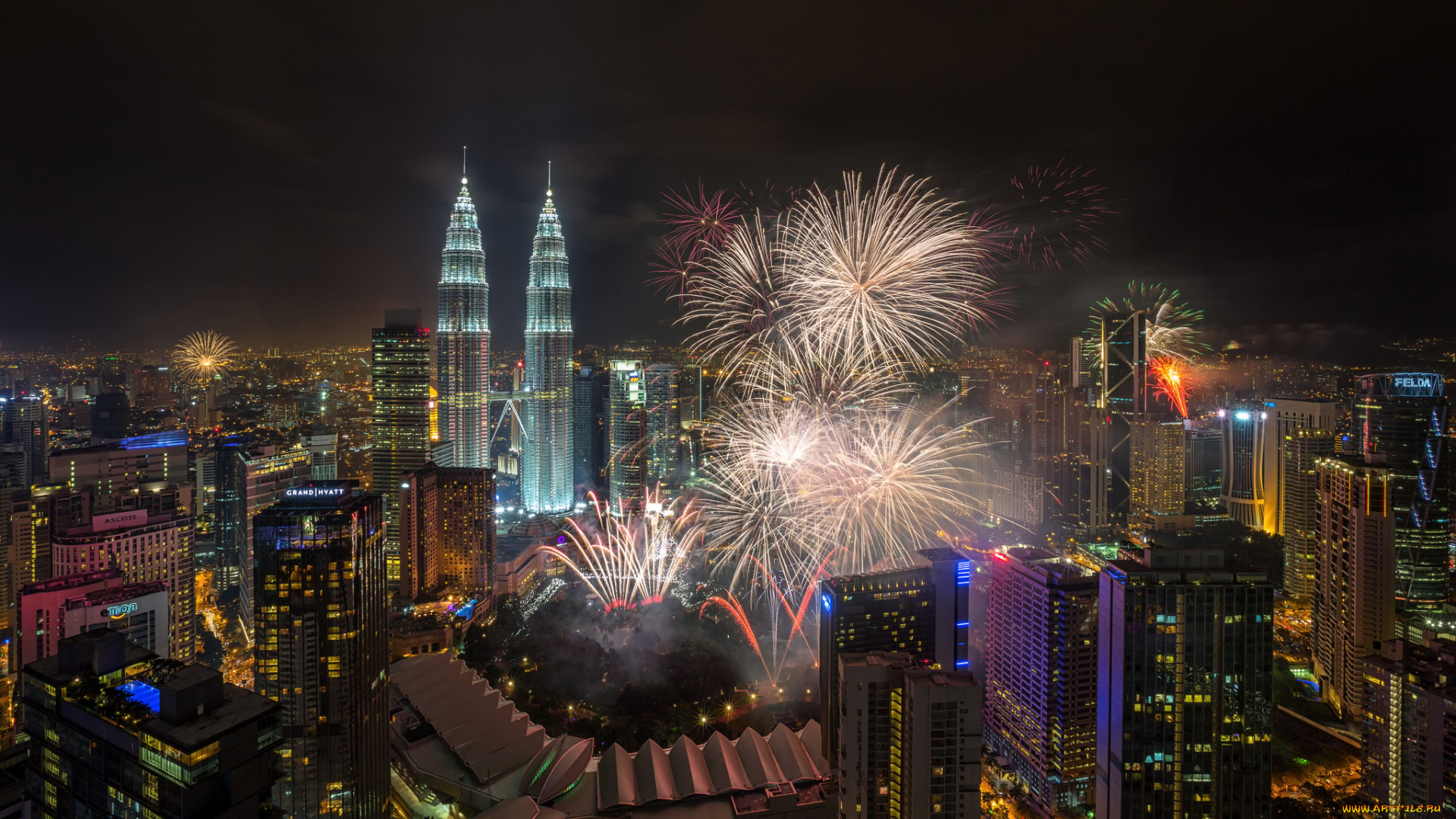 города, куала-лумпур, , малайзия, фейерверк, близнецы, башни