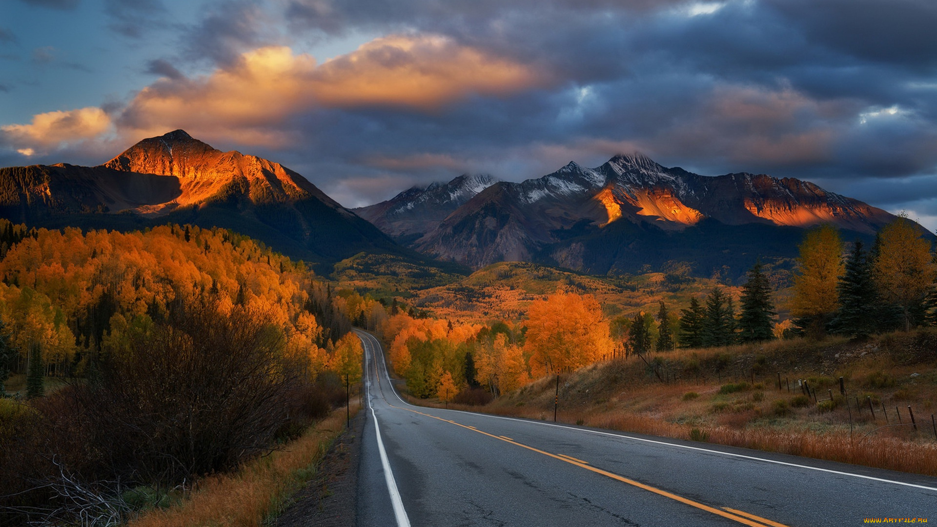 природа, дороги, горы, закат, дорога