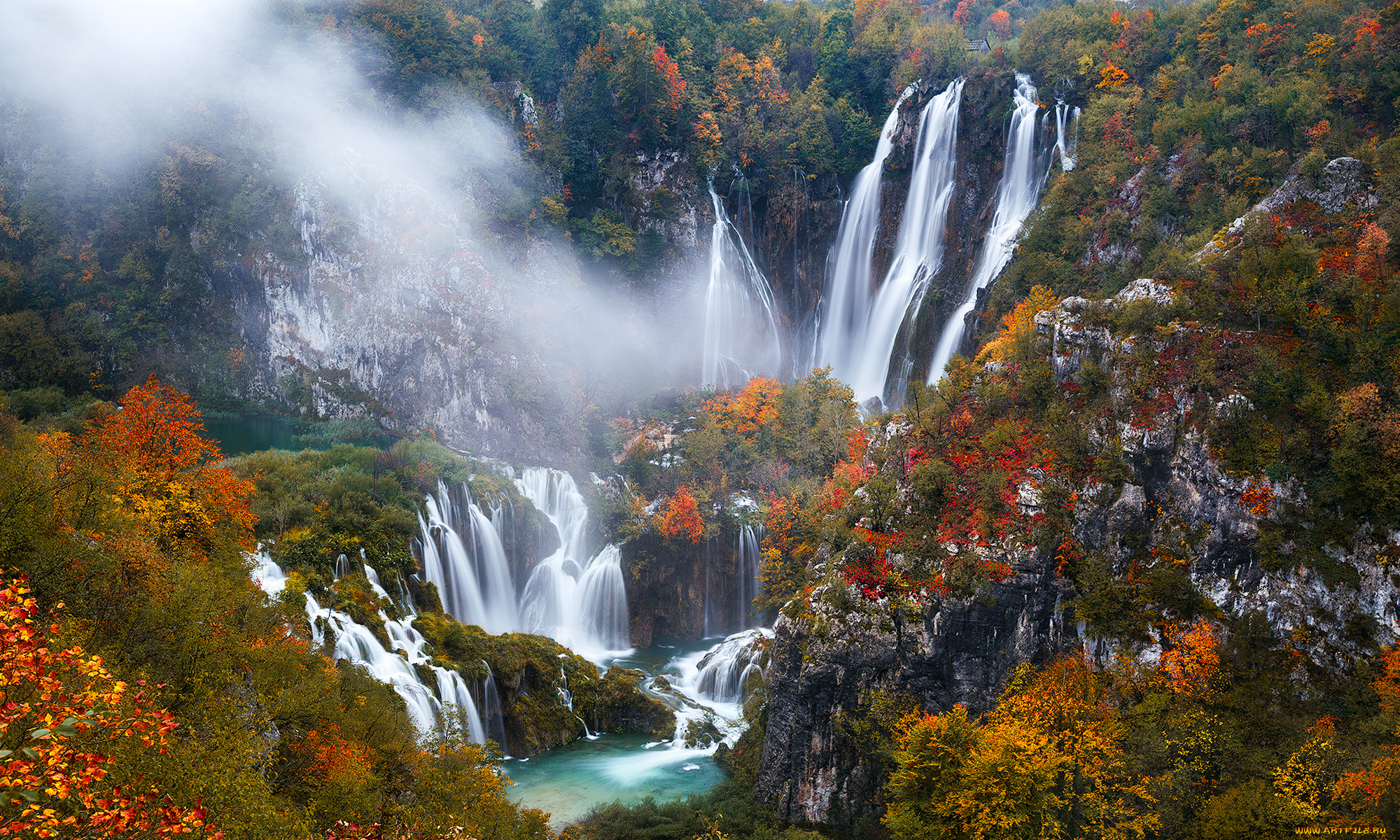 природа, водопады, скалы, осень, деревья, plitvice, хорватия