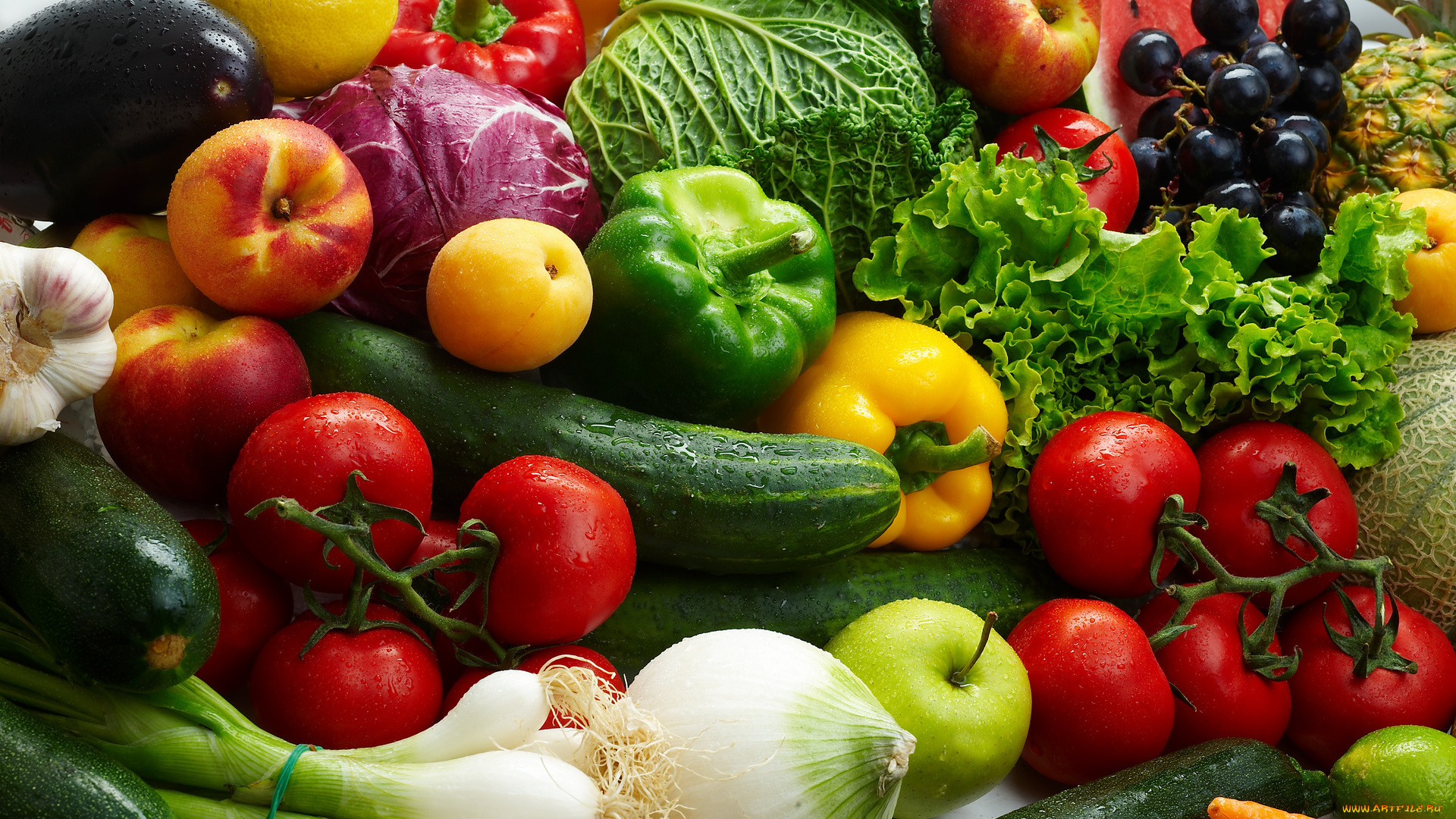 еда, овощи, зелень, помидоры, капуста, виноград, томаты, лук, перец, огурцы